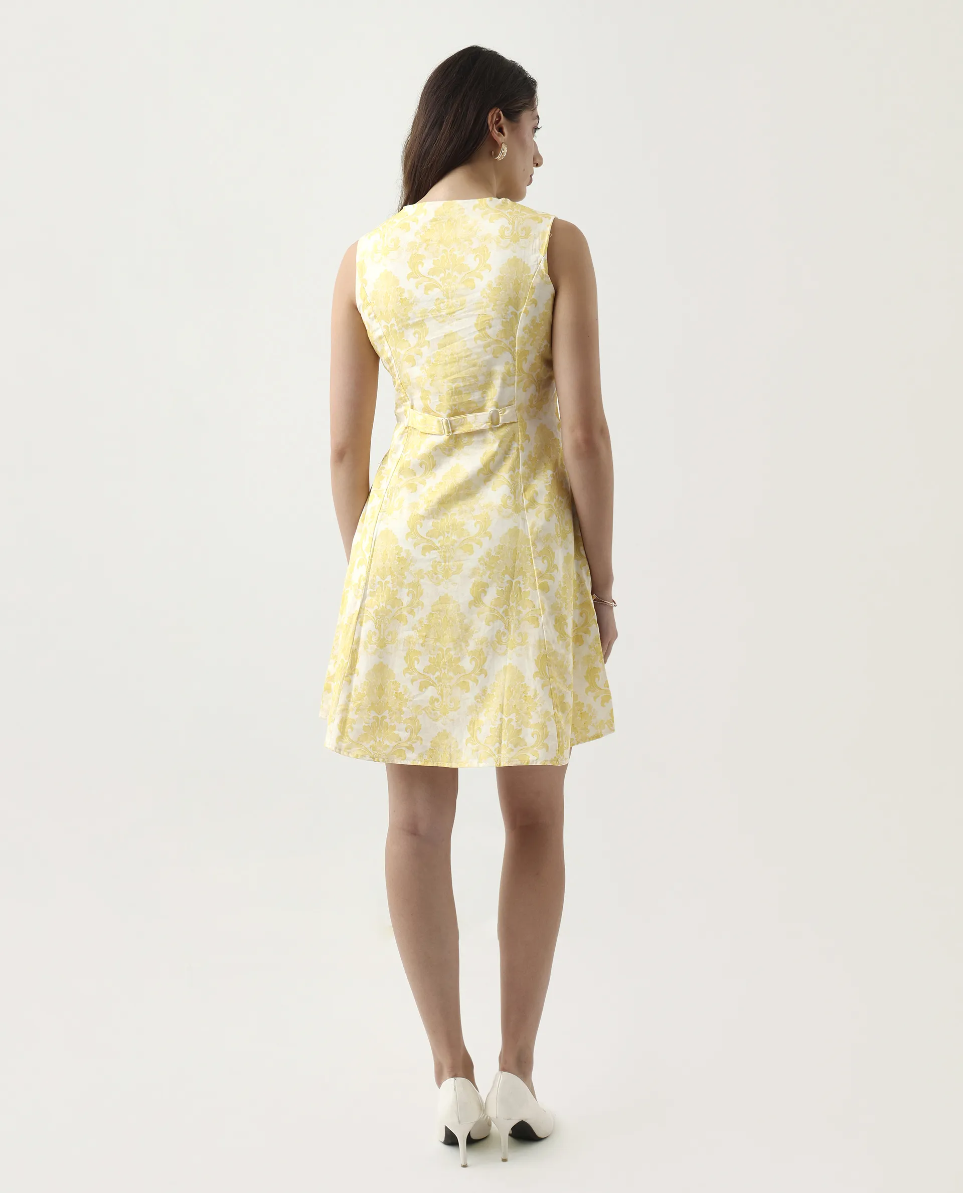 Rareism Women's Jeklo Yellow Cotton Round Neck A-Line Printed Dress - Image 7