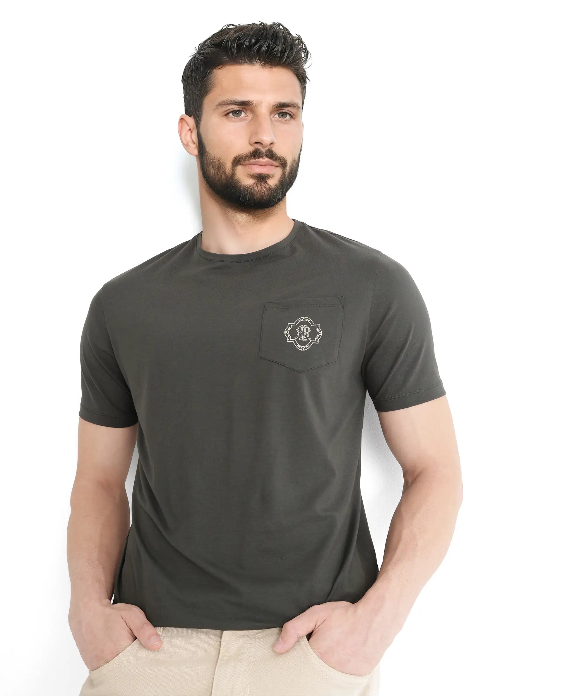 Rare Rabbit Men's Jeko Dark Green Cotton Blend Embroidered Regular Fit Half Sleeve Crew Neck T-Shirt - Image 2