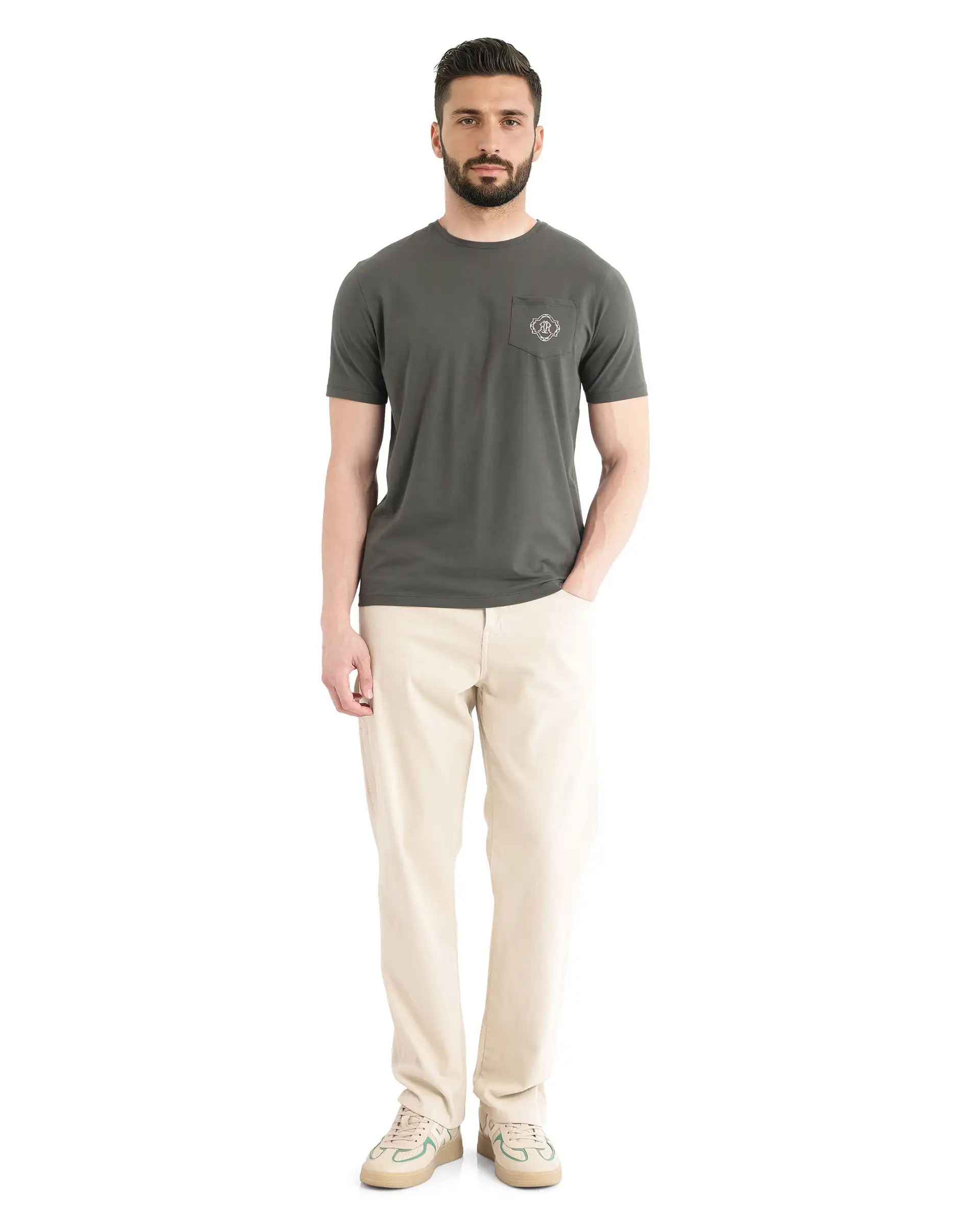 Rare Rabbit Men's Jeko Dark Green Cotton Blend Embroidered Regular Fit Half Sleeve Crew Neck T-Shirt - Image 3