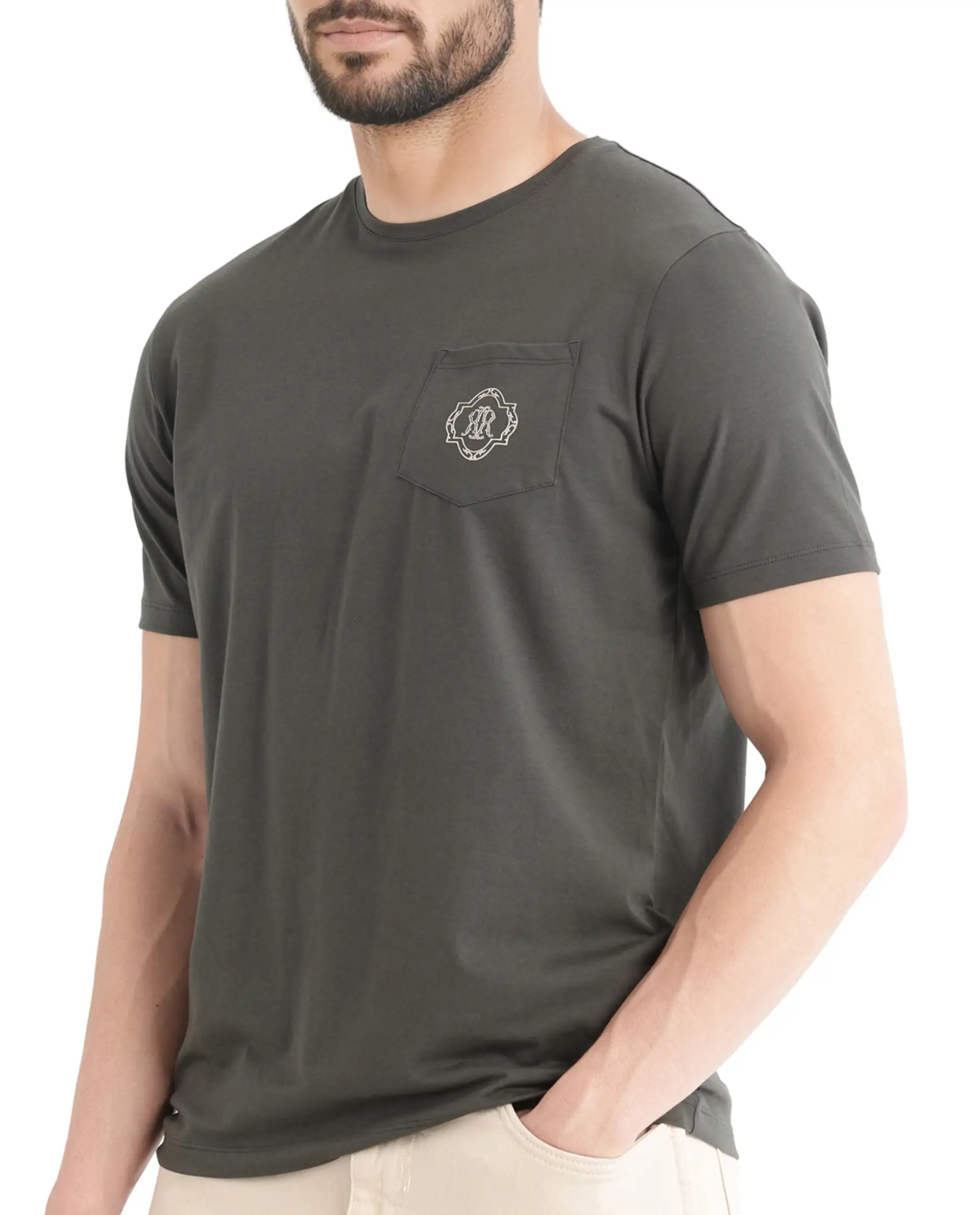 Rare Rabbit Men's Jeko Dark Green Cotton Blend Embroidered Regular Fit Half Sleeve Crew Neck T-Shirt - Image 4