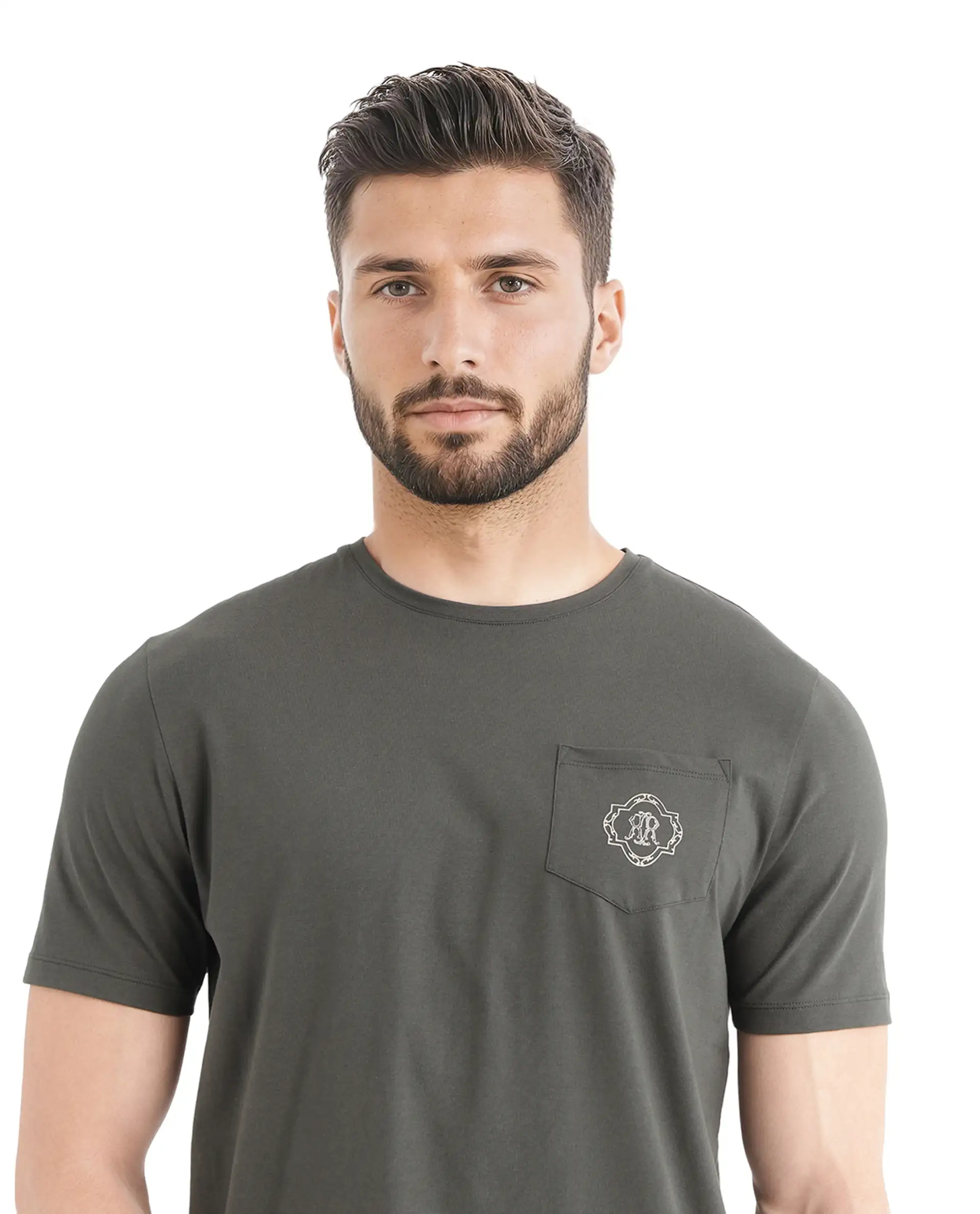 Rare Rabbit Men's Jeko Dark Green Cotton Blend Embroidered Regular Fit Half Sleeve Crew Neck T-Shirt - Image 6