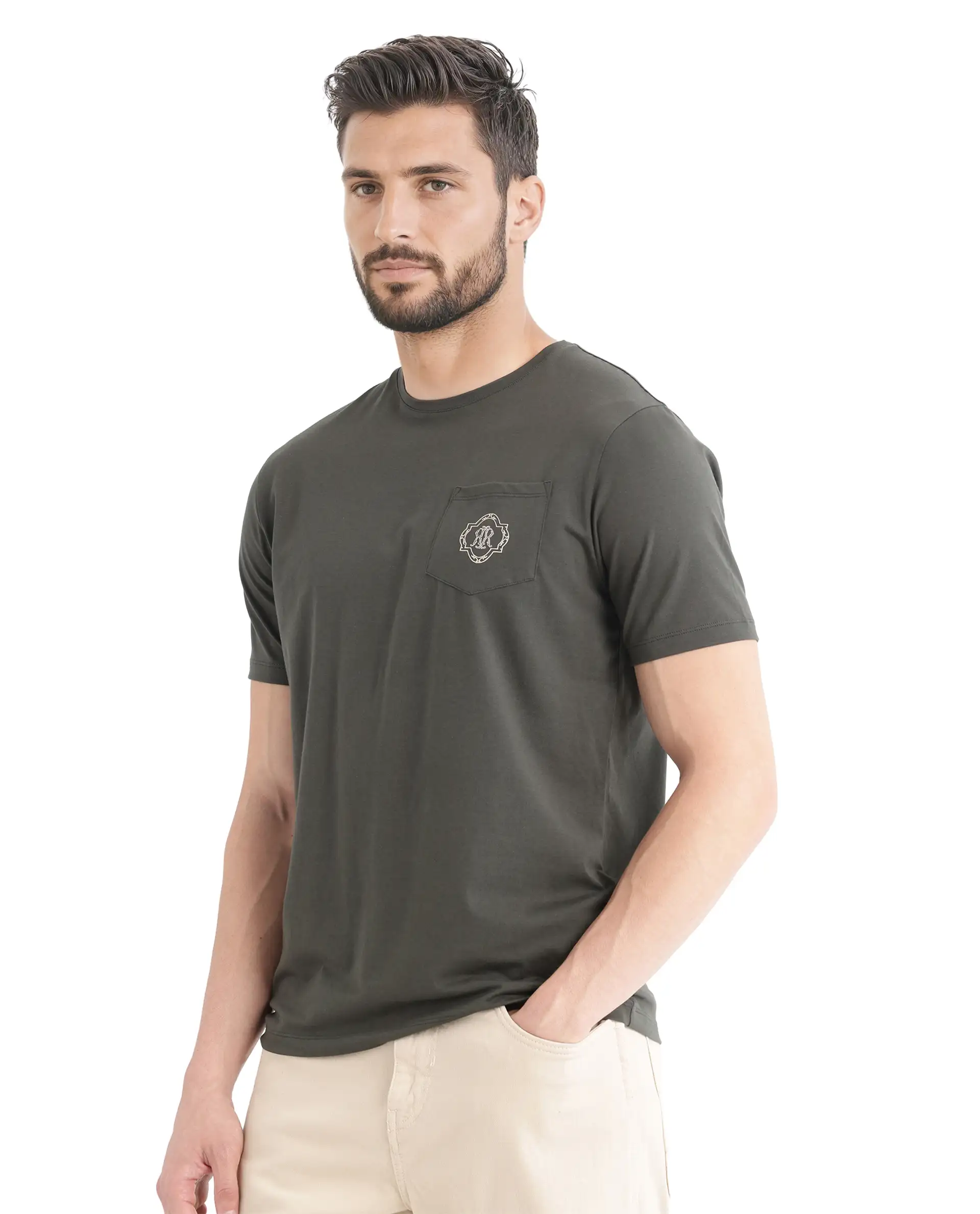 Rare Rabbit Men's Jeko Dark Green Cotton Blend Embroidered Regular Fit Half Sleeve Crew Neck T-Shirt - Image 7