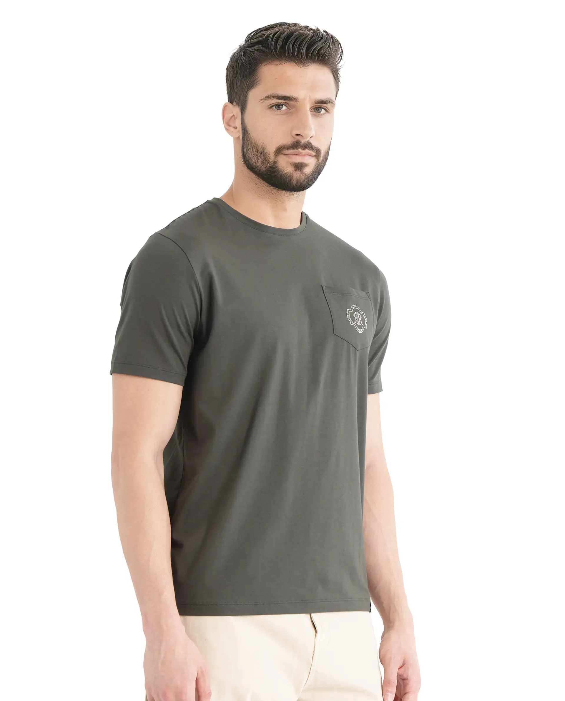 Rare Rabbit Men's Jeko Dark Green Cotton Blend Embroidered Regular Fit Half Sleeve Crew Neck T-Shirt - Image 8