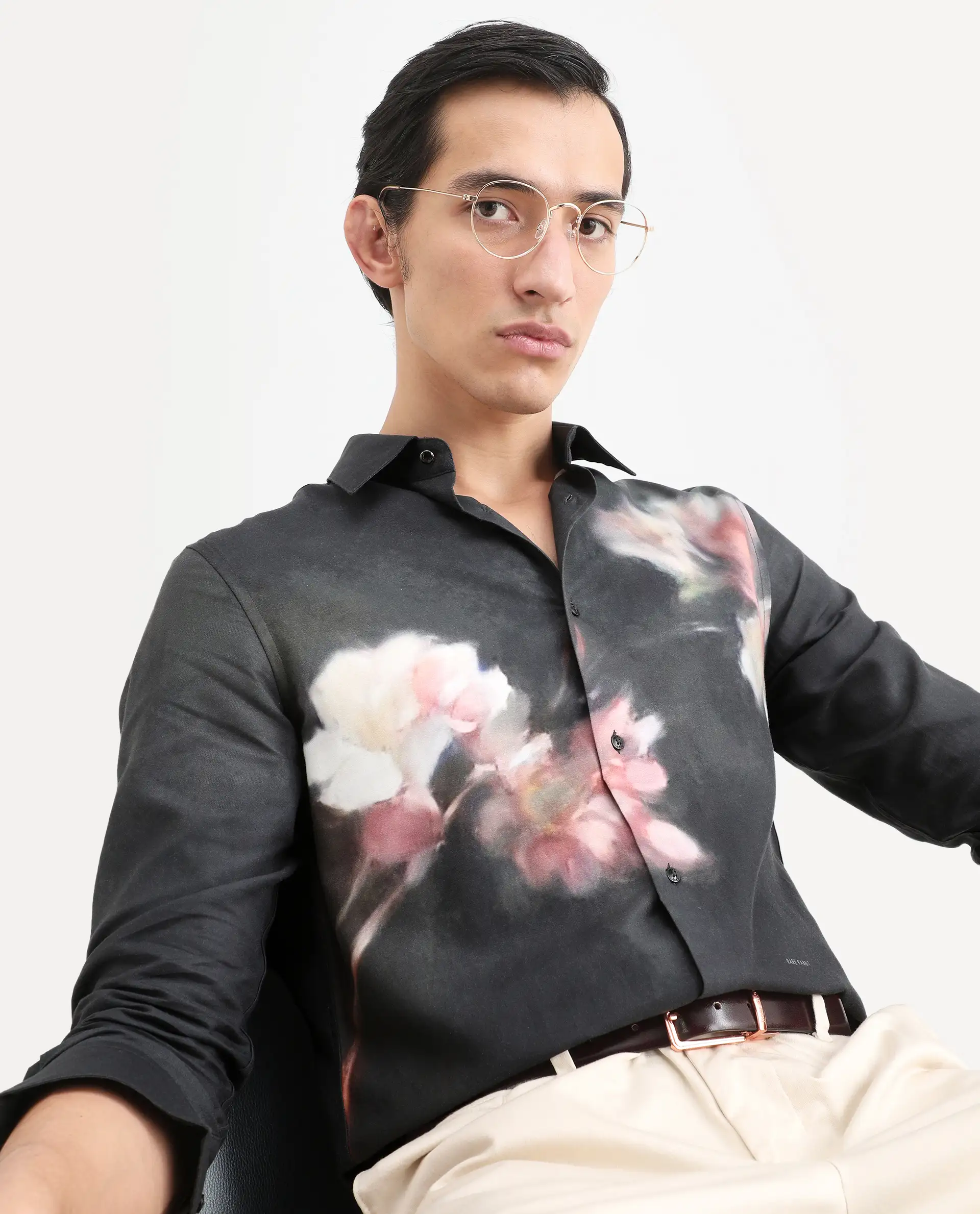 Rare Rabbit Men's Jelks Black Cotton Blend Fabric Full Sleeve Spread Collar Regular Fit Floral Print Shirt