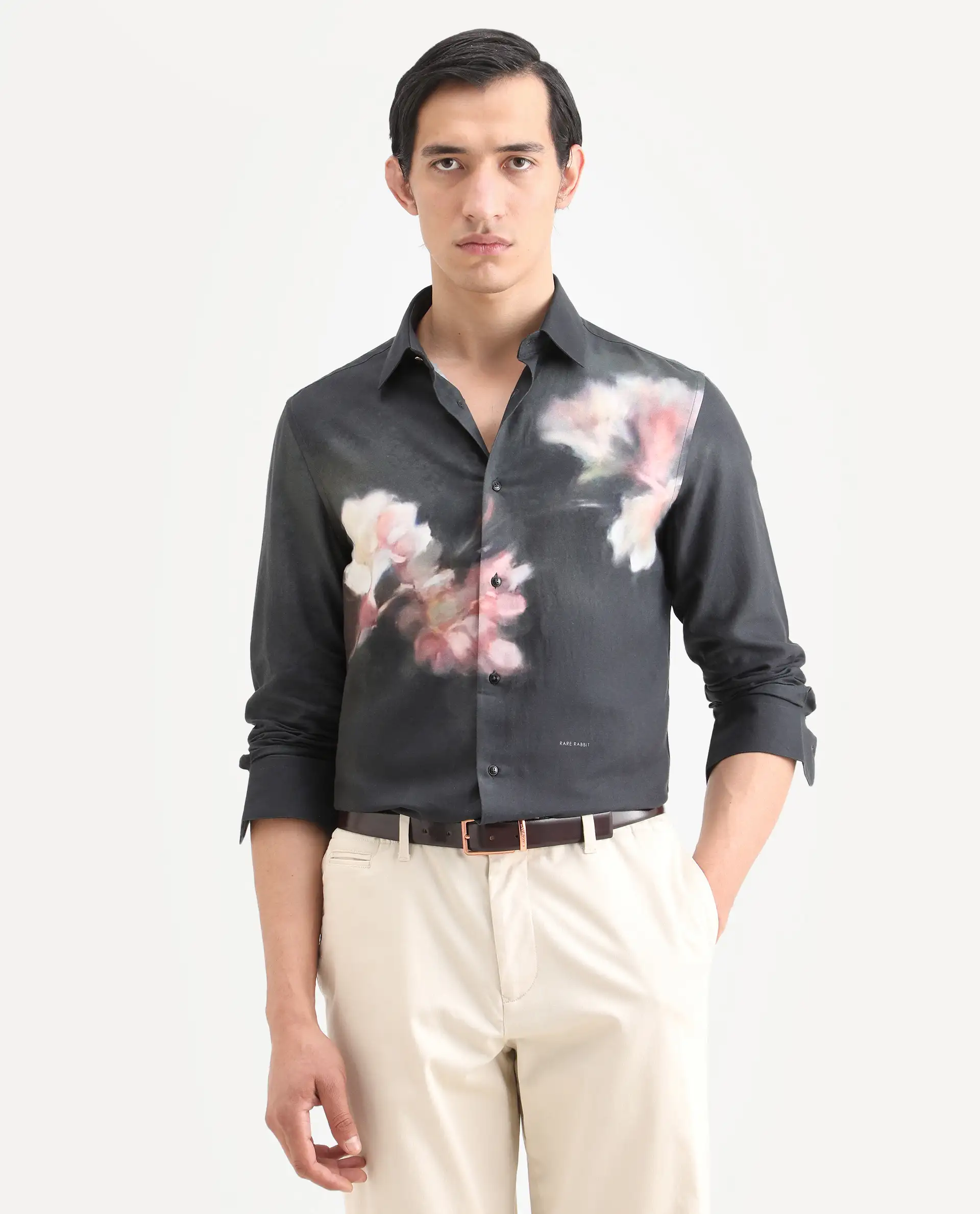 Rare Rabbit Men's Jelks Black Cotton Blend Fabric Full Sleeve Spread Collar Regular Fit Floral Print Shirt - Image 3