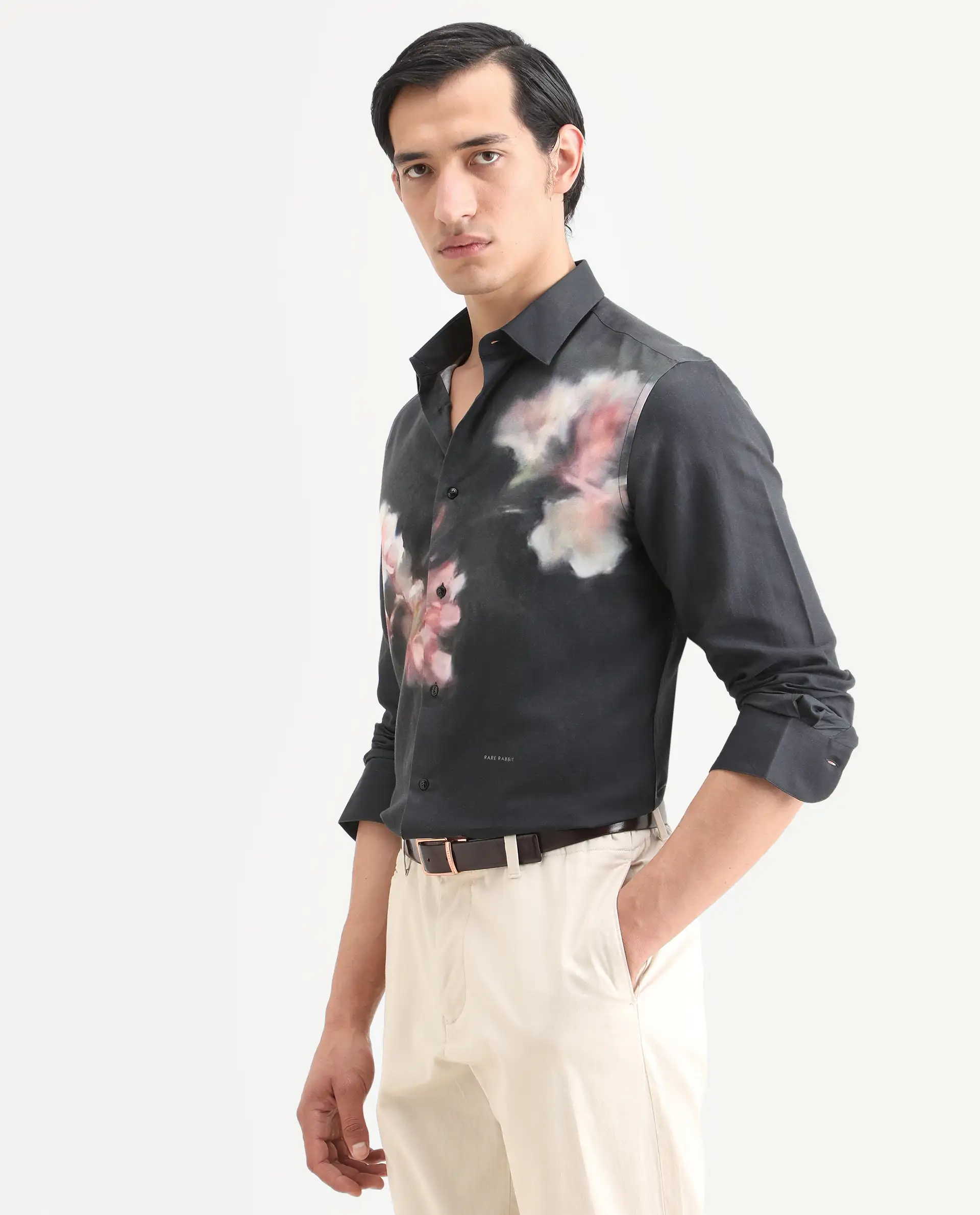 Rare Rabbit Men's Jelks Black Cotton Blend Fabric Full Sleeve Spread Collar Regular Fit Floral Print Shirt - Image 6