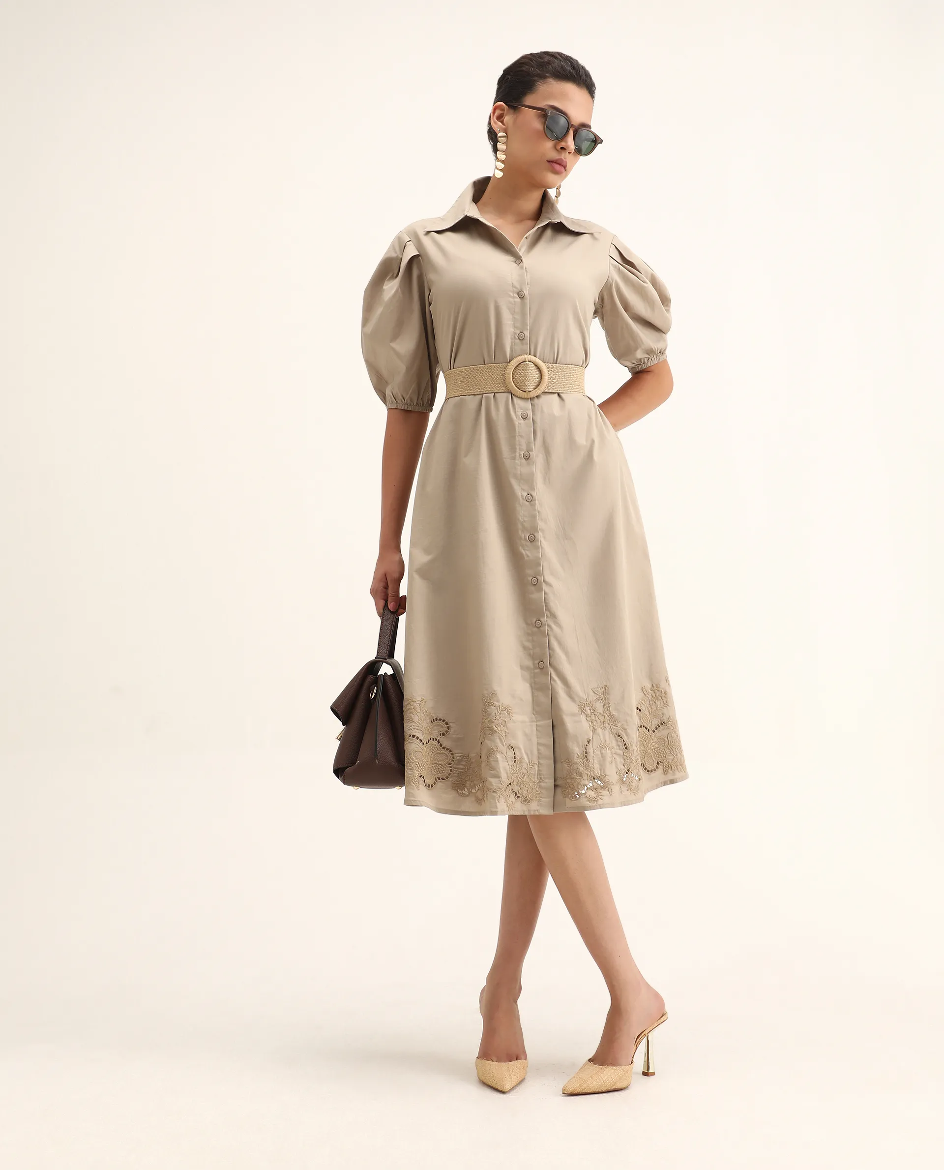 Rareism Women's Jembo Beige Cotton Collared Neck A-Line Geometric Print Midi Dress