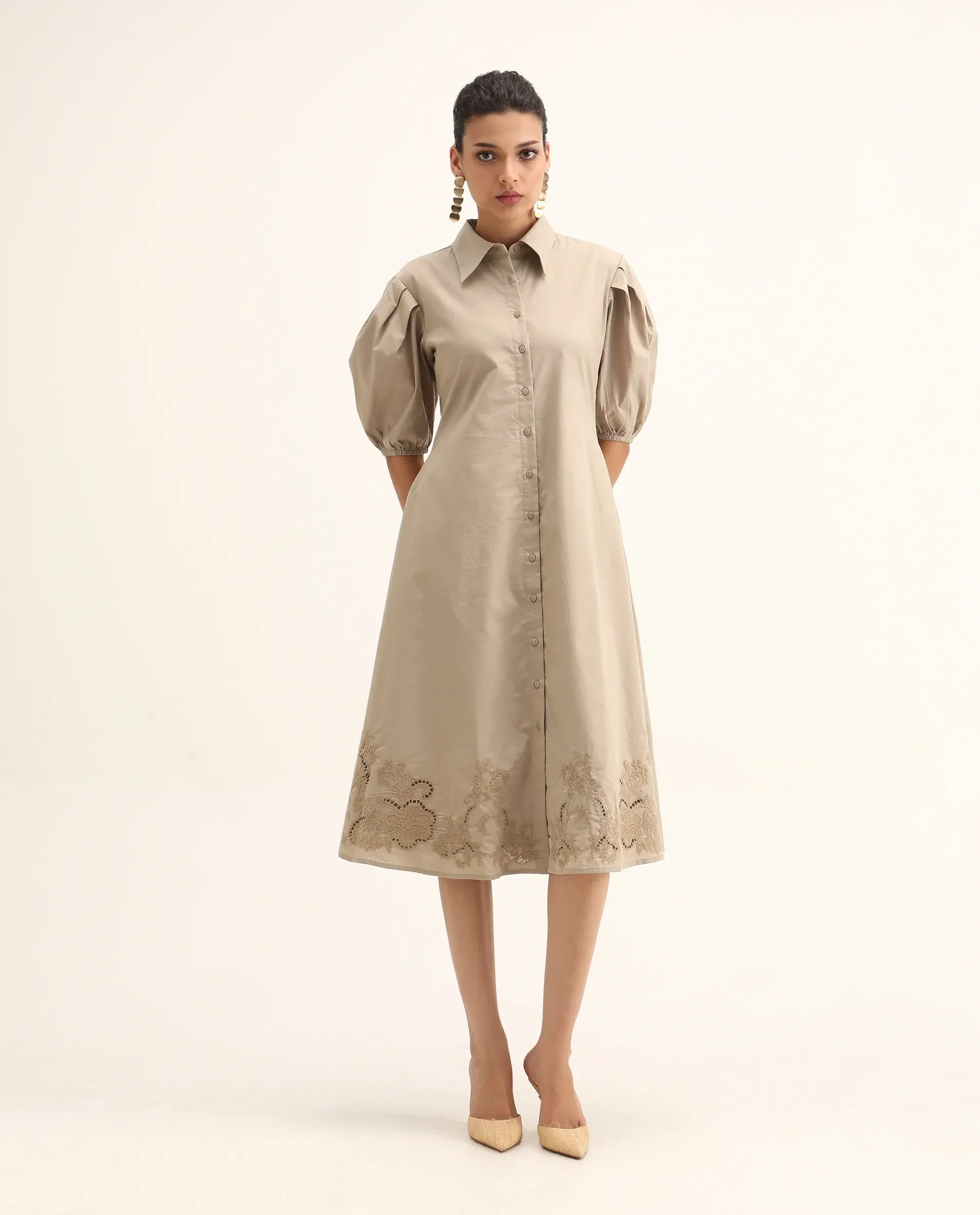 Rareism Women's Jembo Beige Cotton Collared Neck A-Line Geometric Print Midi Dress - Image 2