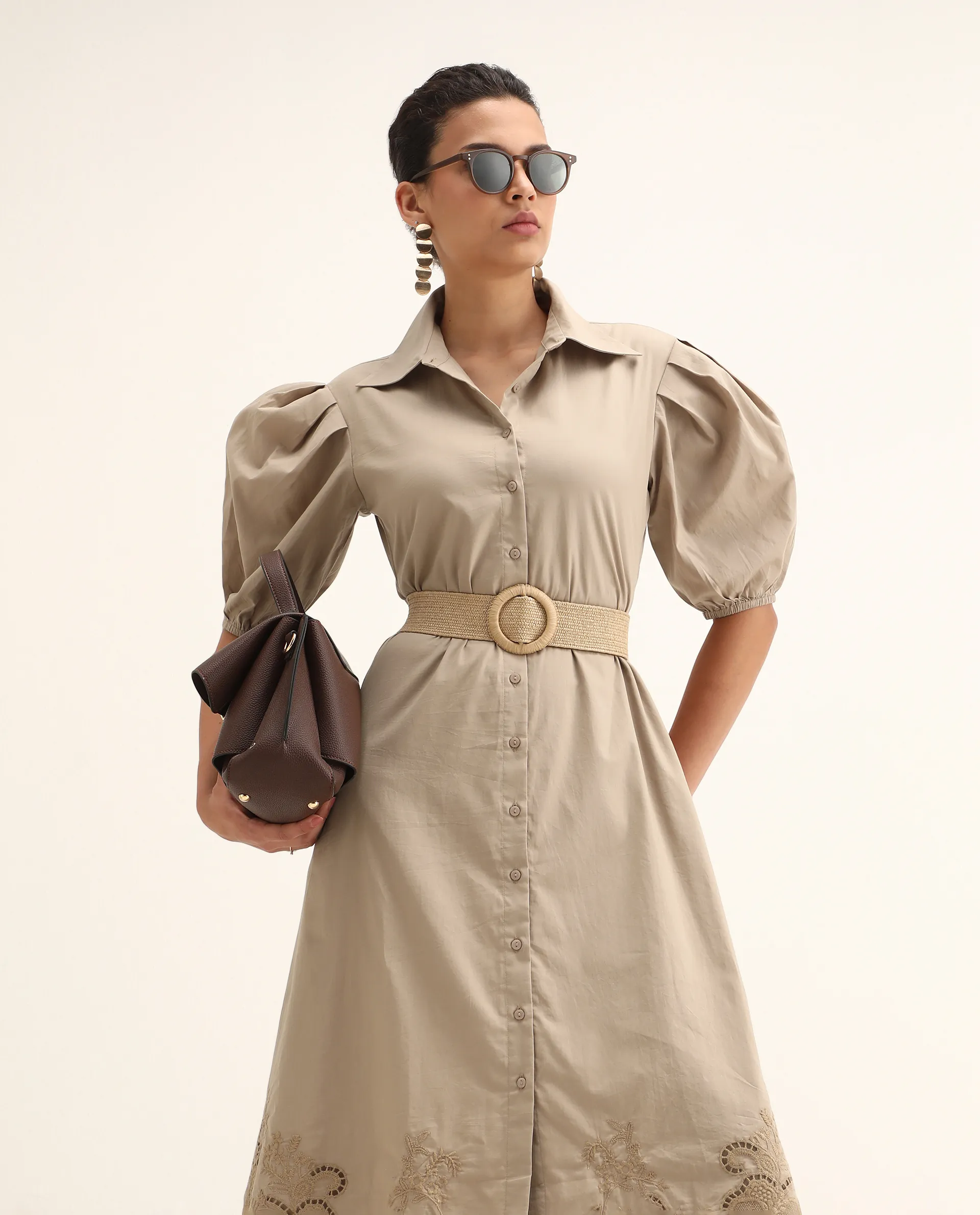 Rareism Women's Jembo Beige Cotton Collared Neck A-Line Geometric Print Midi Dress - Image 3