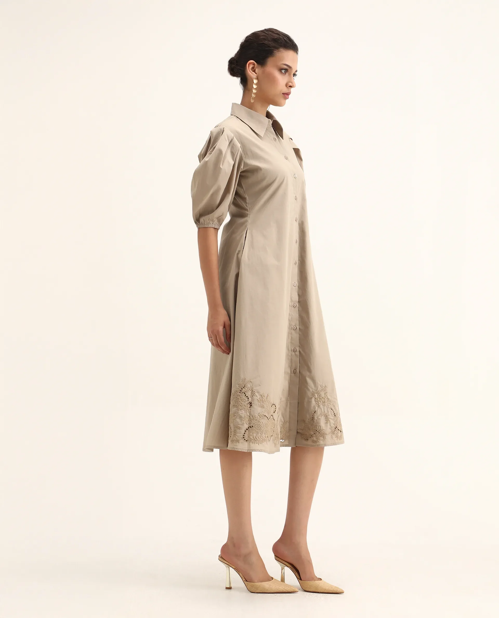 Rareism Women's Jembo Beige Cotton Collared Neck A-Line Geometric Print Midi Dress - Image 4