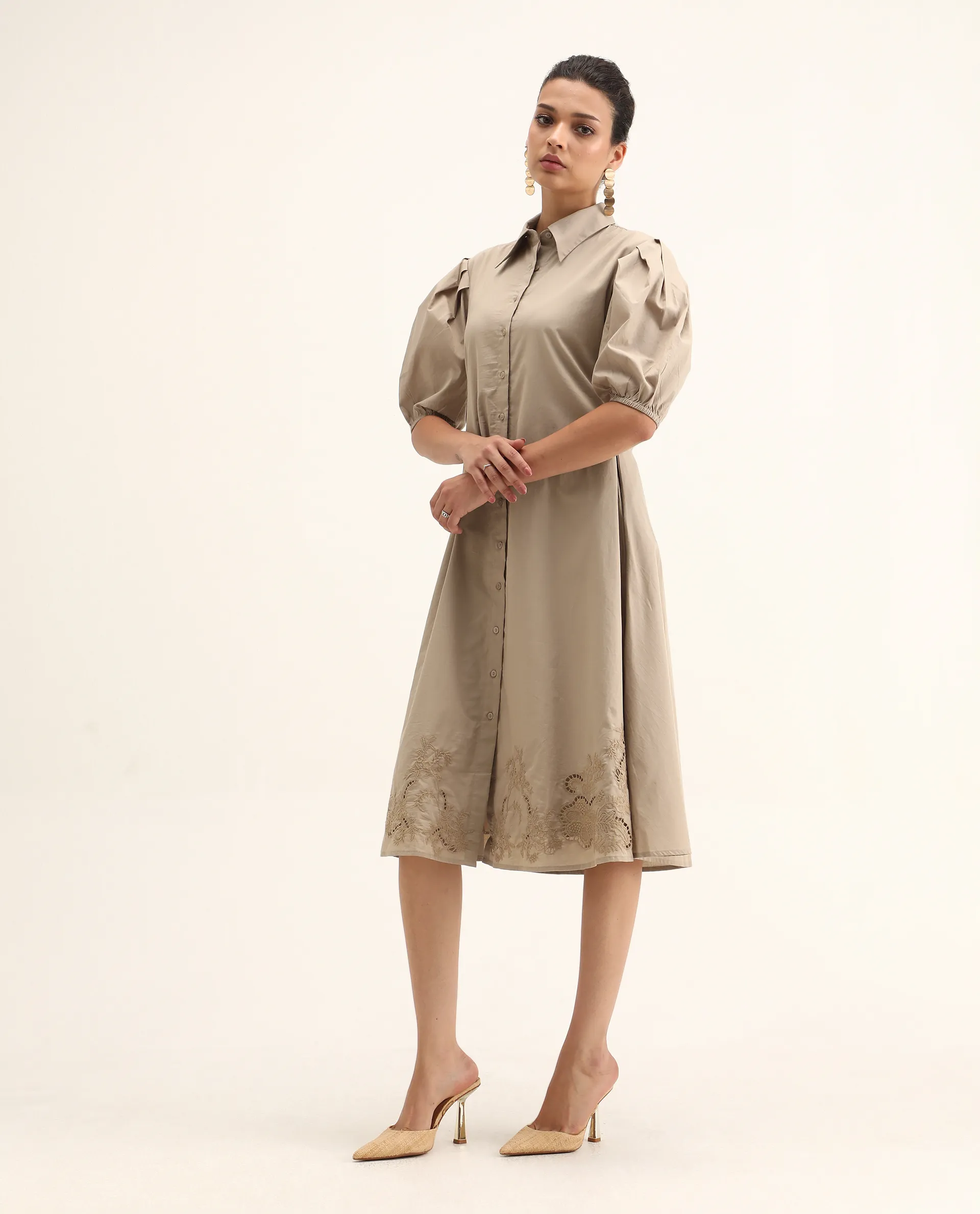 Rareism Women's Jembo Beige Cotton Collared Neck A-Line Geometric Print Midi Dress - Image 5