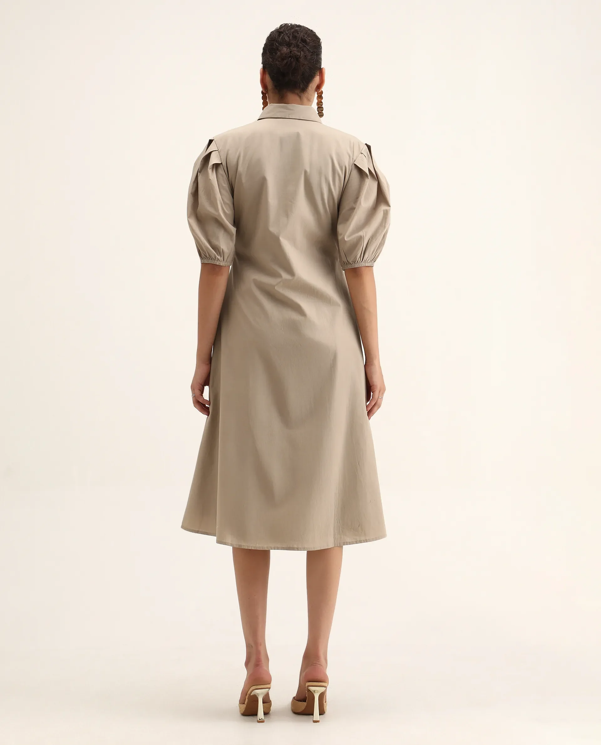 Rareism Women's Jembo Beige Cotton Collared Neck A-Line Geometric Print Midi Dress - Image 6