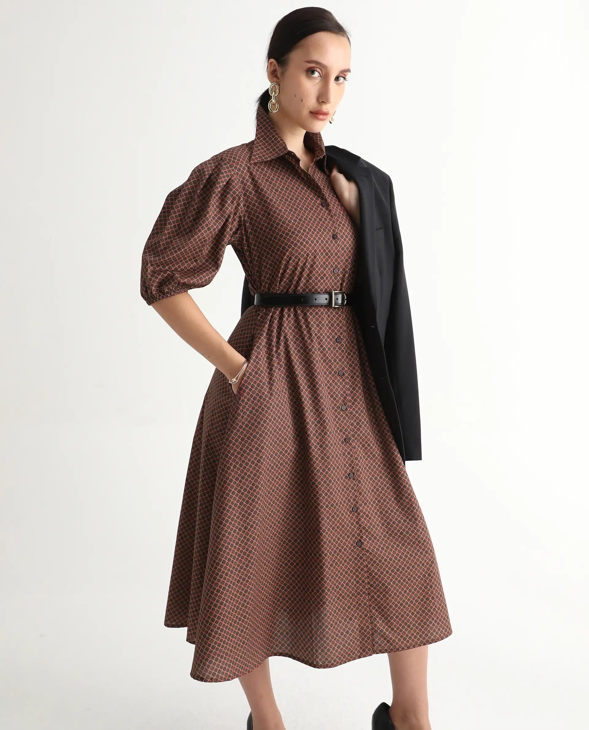 Rareism Women's Jembot Dark Green Cotton Collared Neck A-Line Geometric Print Midi Dress