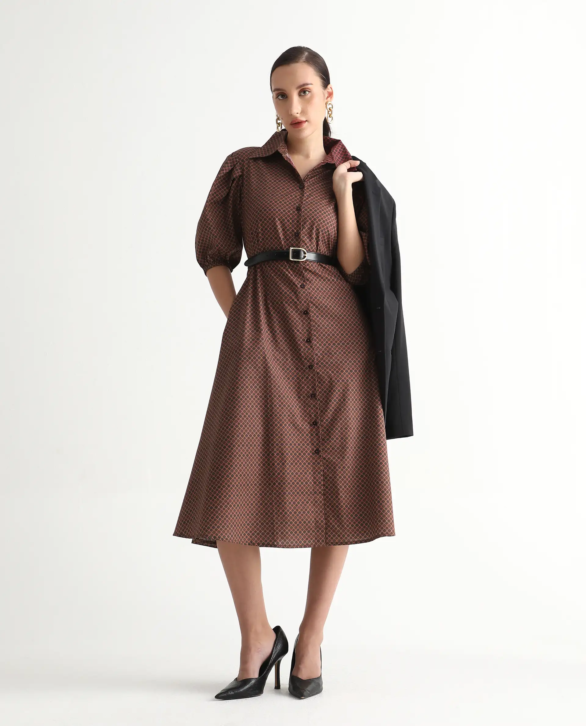 Rareism Women's Jembot Dark Green Cotton Collared Neck A-Line Geometric Print Midi Dress - Image 2