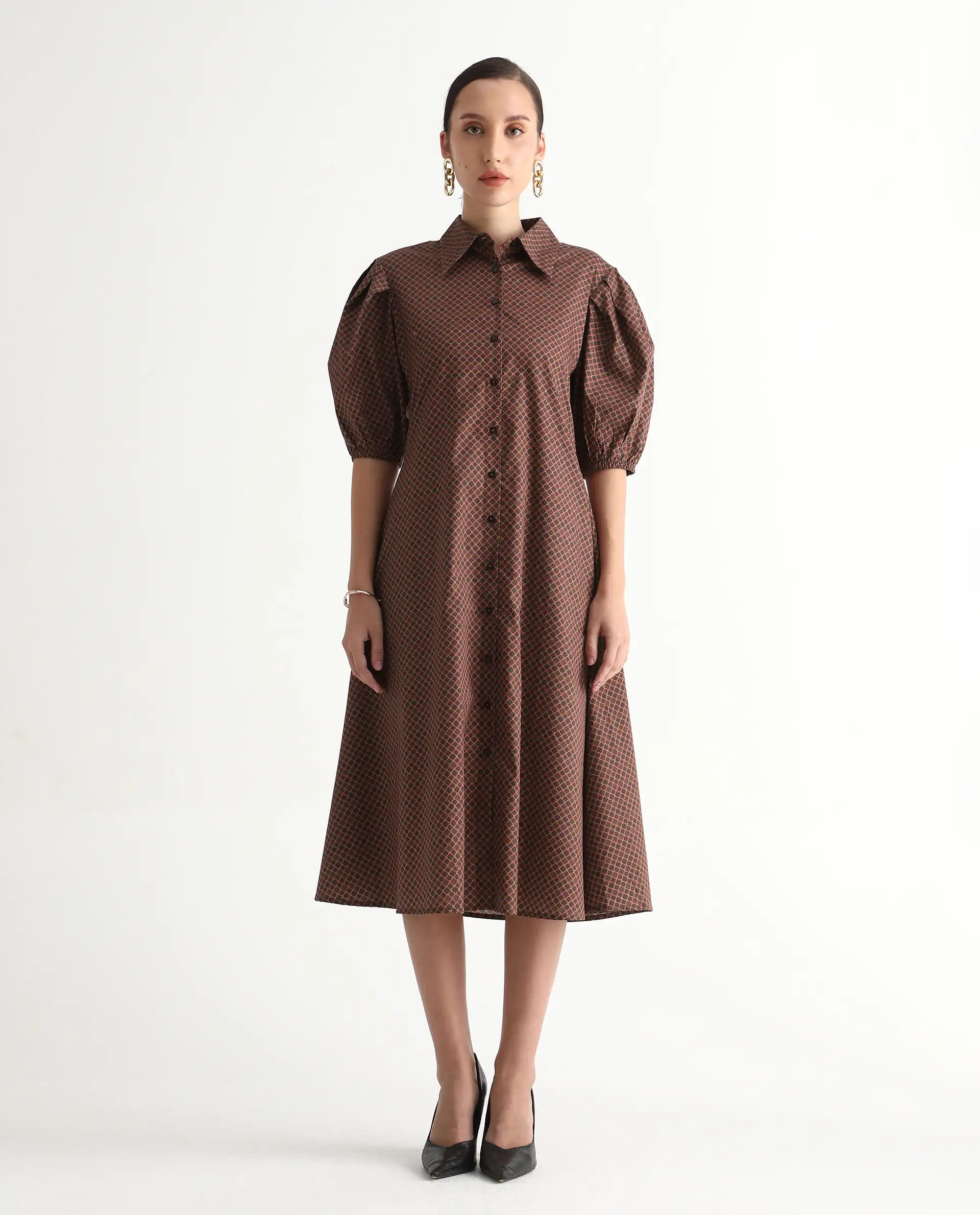 Rareism Women's Jembot Dark Green Cotton Collared Neck A-Line Geometric Print Midi Dress - Image 3