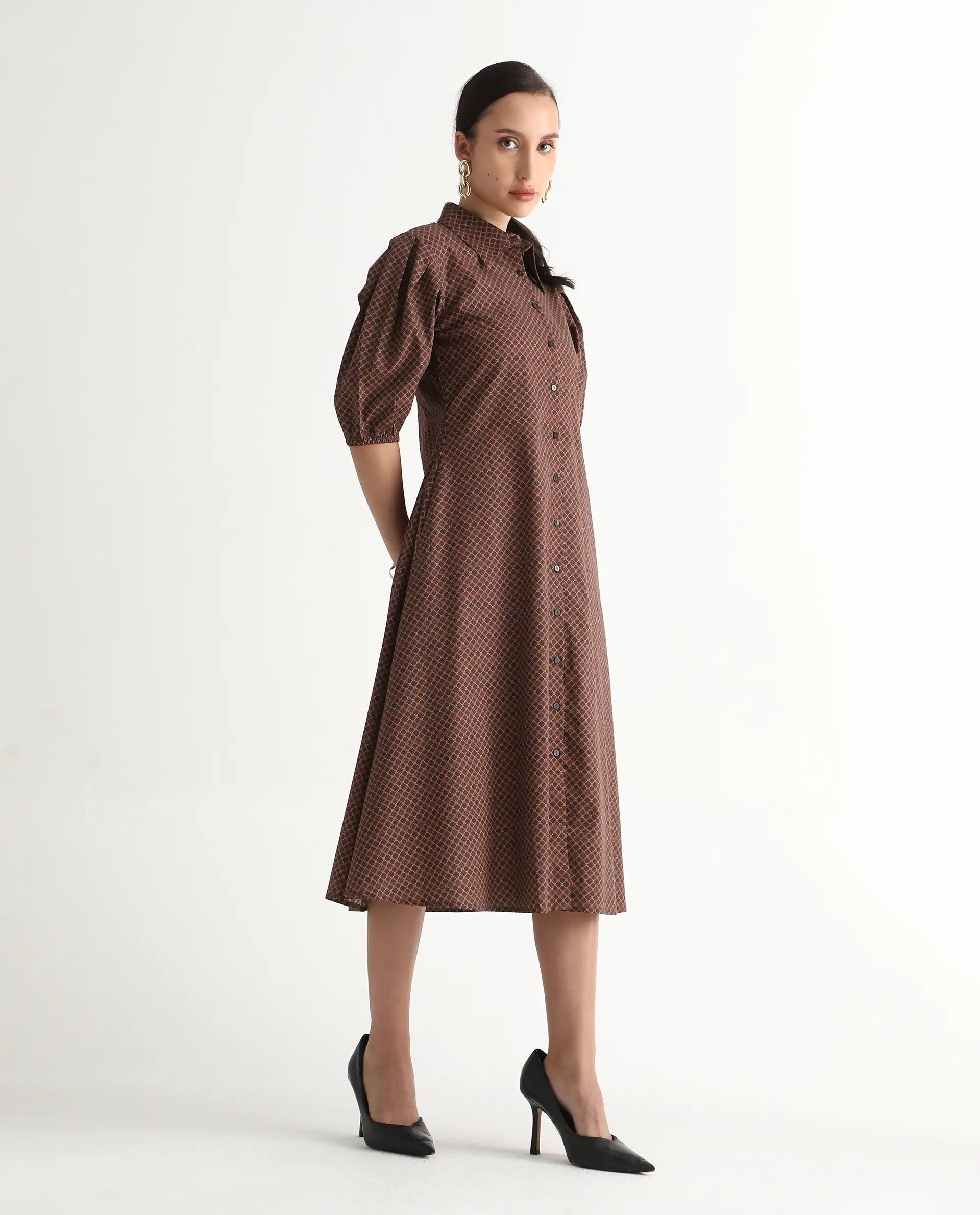 Rareism Women's Jembot Dark Green Cotton Collared Neck A-Line Geometric Print Midi Dress - Image 7