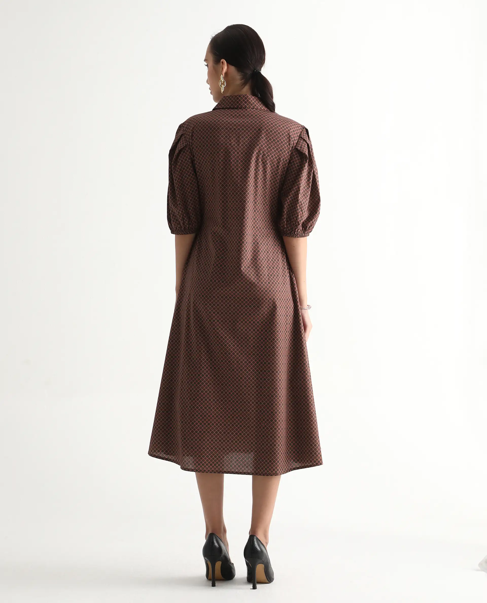 Rareism Women's Jembot Dark Green Cotton Collared Neck A-Line Geometric Print Midi Dress - Image 8