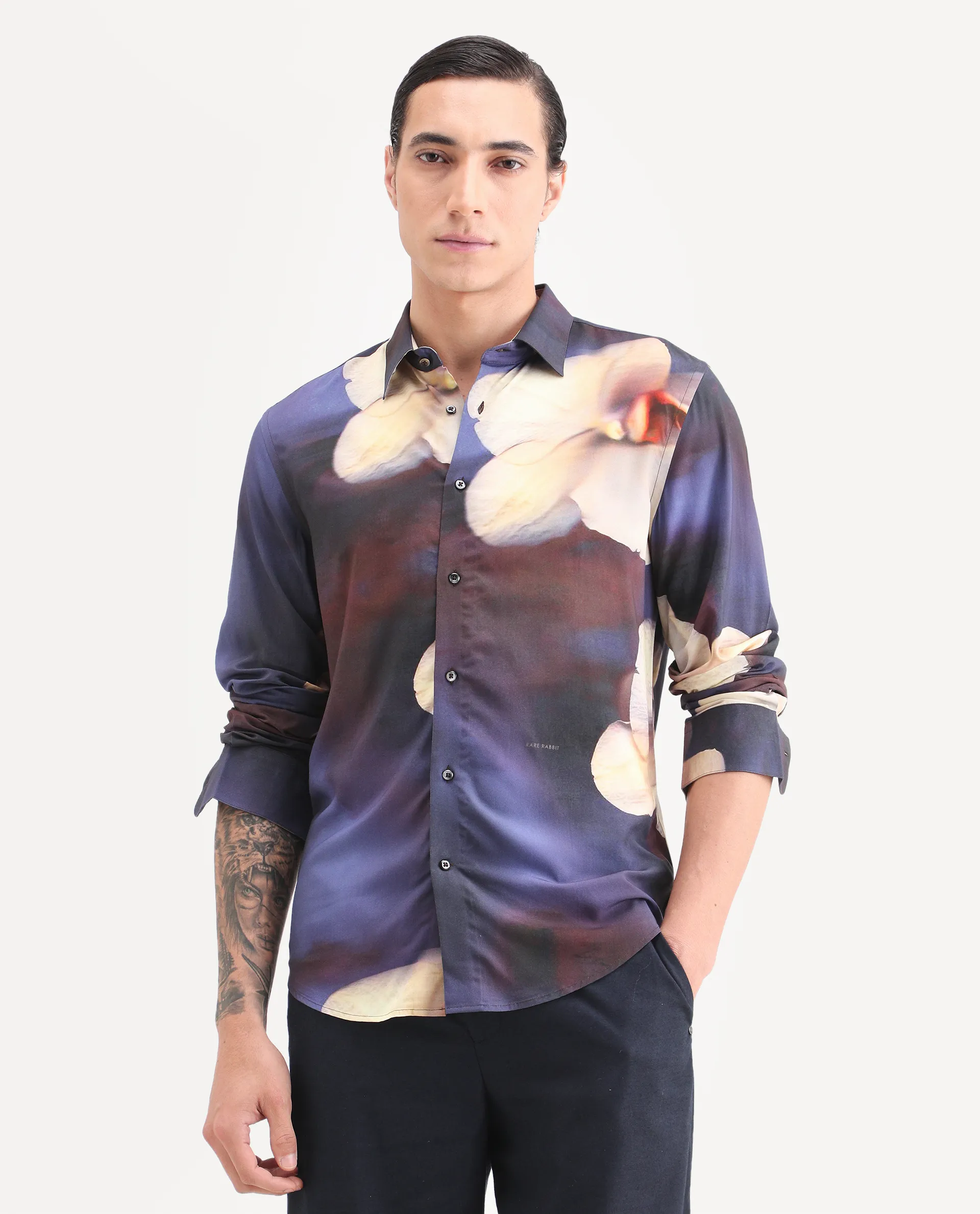Rare Rabbit Men's Jemp 2 Purple Viscose Fabric Full Sleeve Spread Collar Regular Fit Floral Print Shirt - Image 4