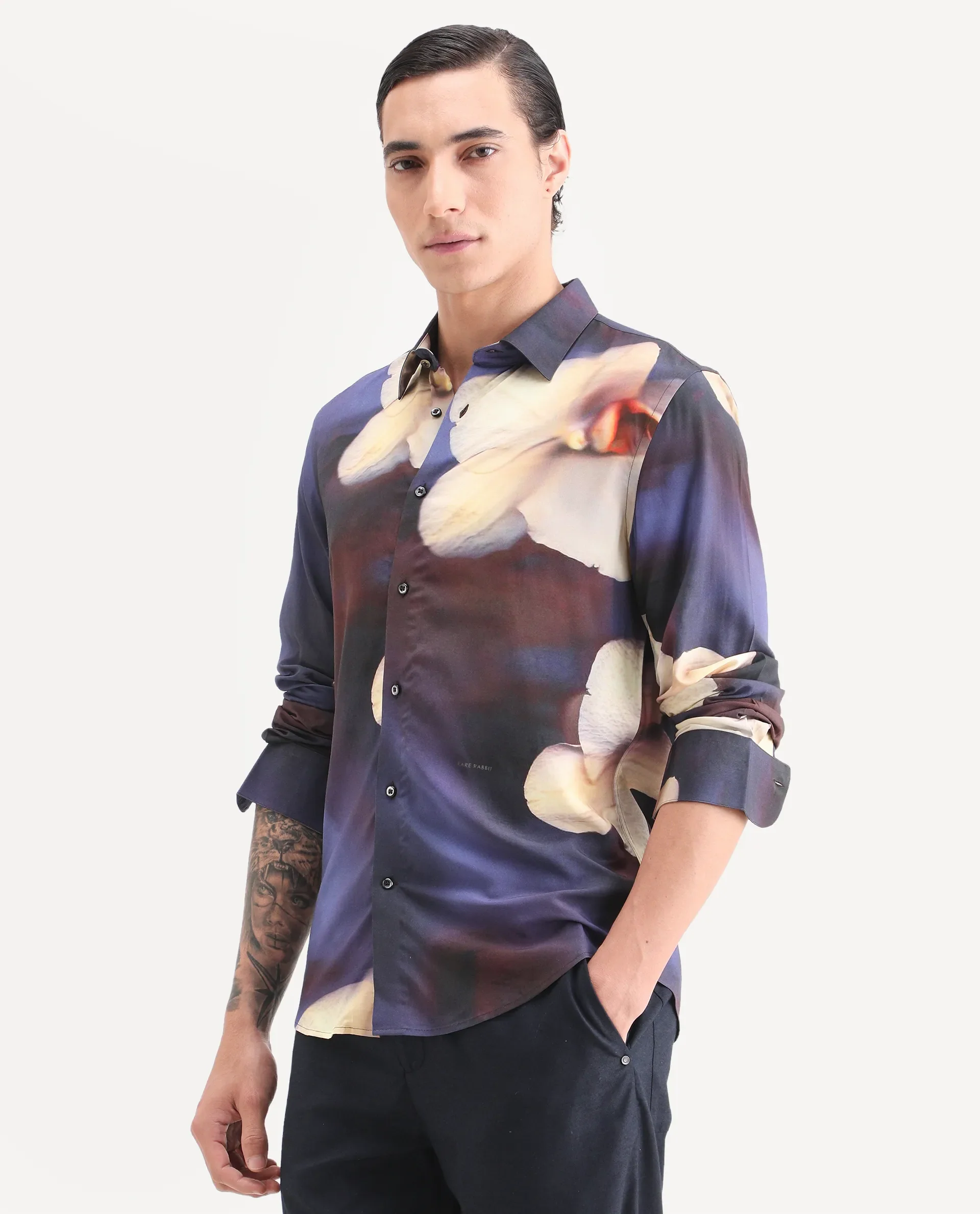 Rare Rabbit Men's Jemp 2 Purple Viscose Fabric Full Sleeve Spread Collar Regular Fit Floral Print Shirt - Image 5