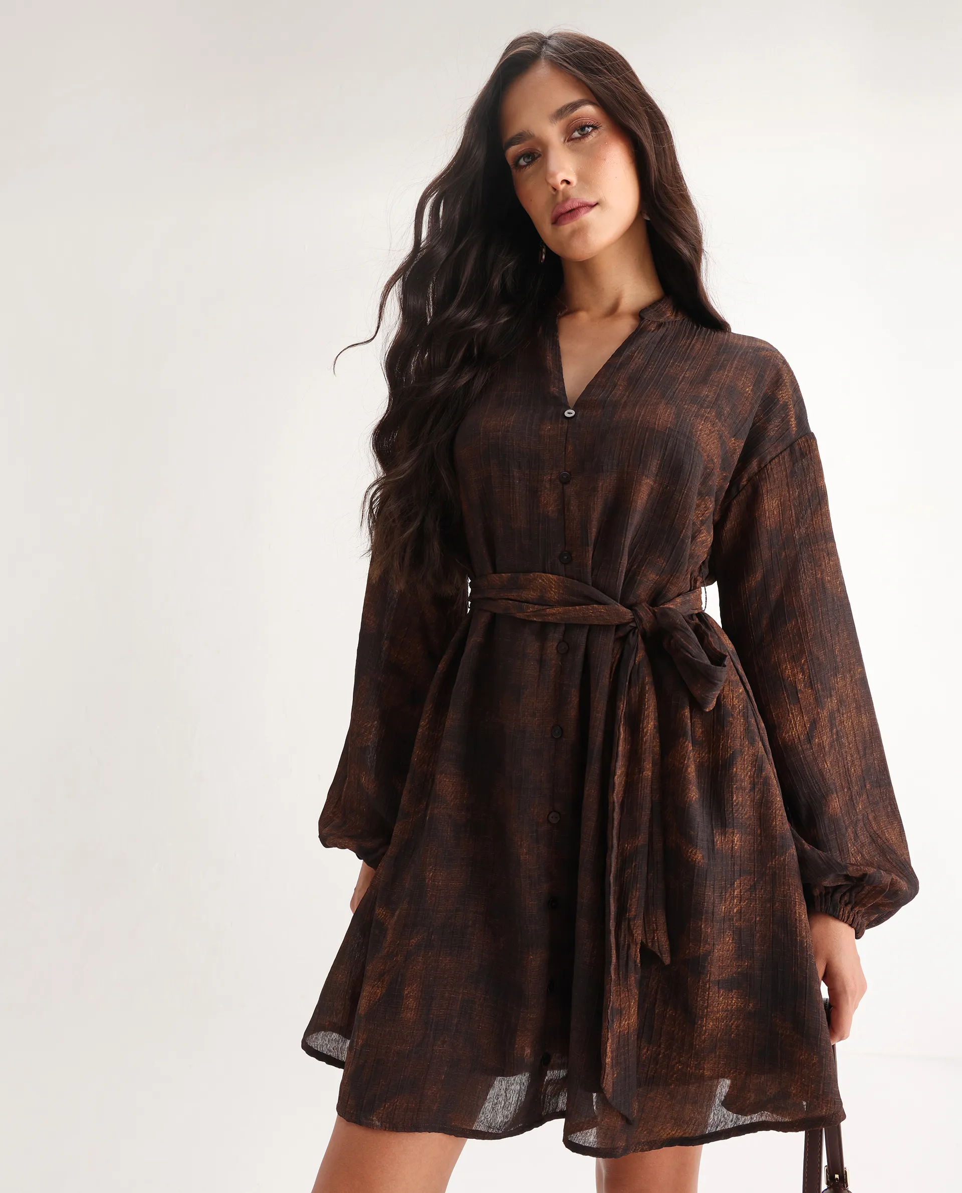 Rareism Women's Jemti Brown Polyester Mandarin Collar Flared Printed Dress