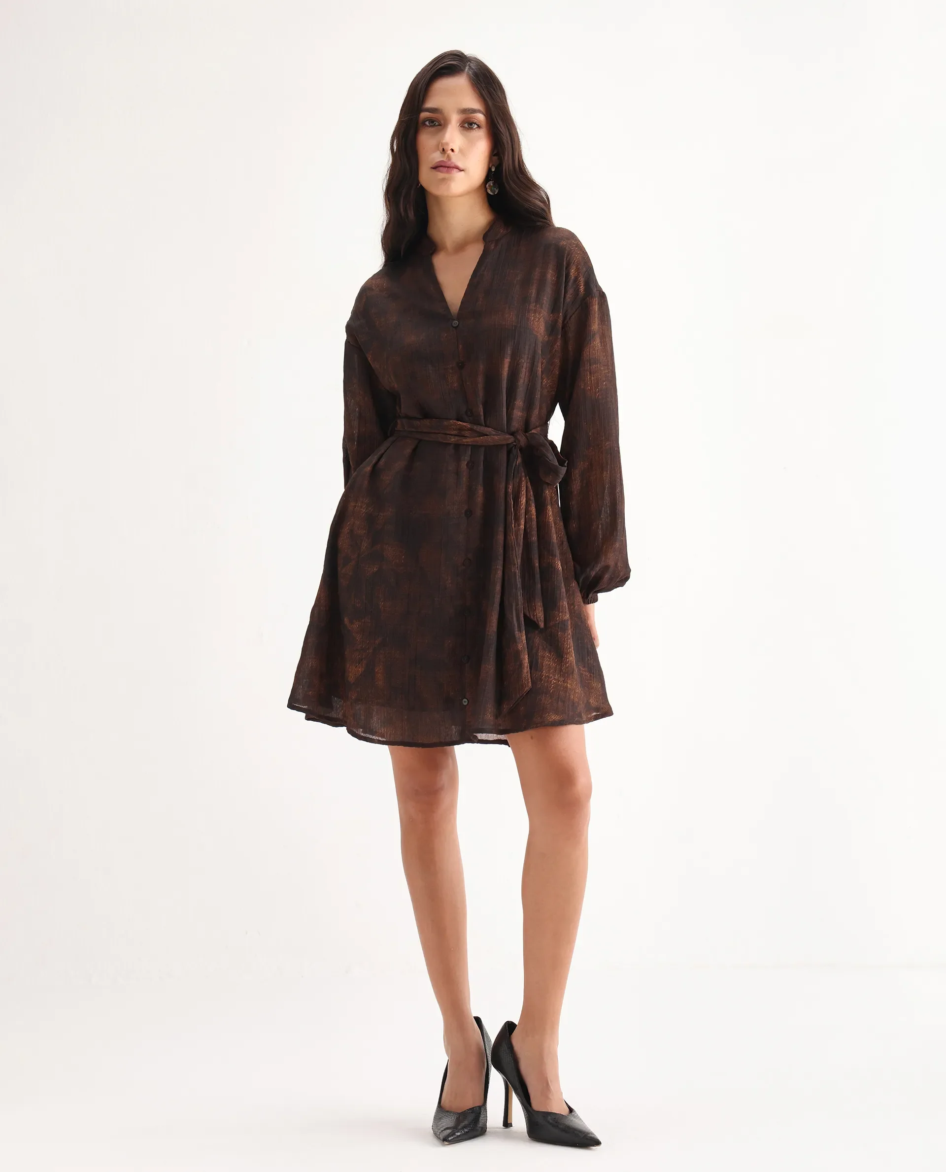 Rareism Women's Jemti Brown Polyester Mandarin Collar Flared Printed Dress - Image 3