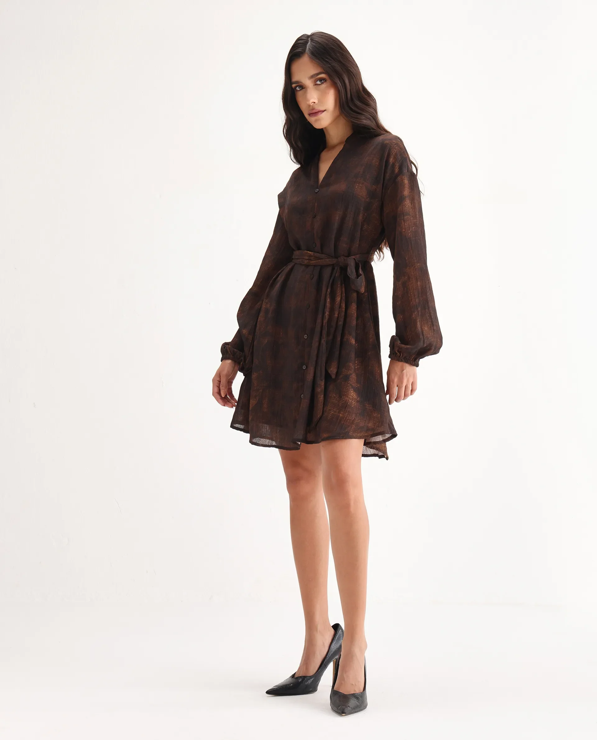 Rareism Women's Jemti Brown Polyester Mandarin Collar Flared Printed Dress - Image 4