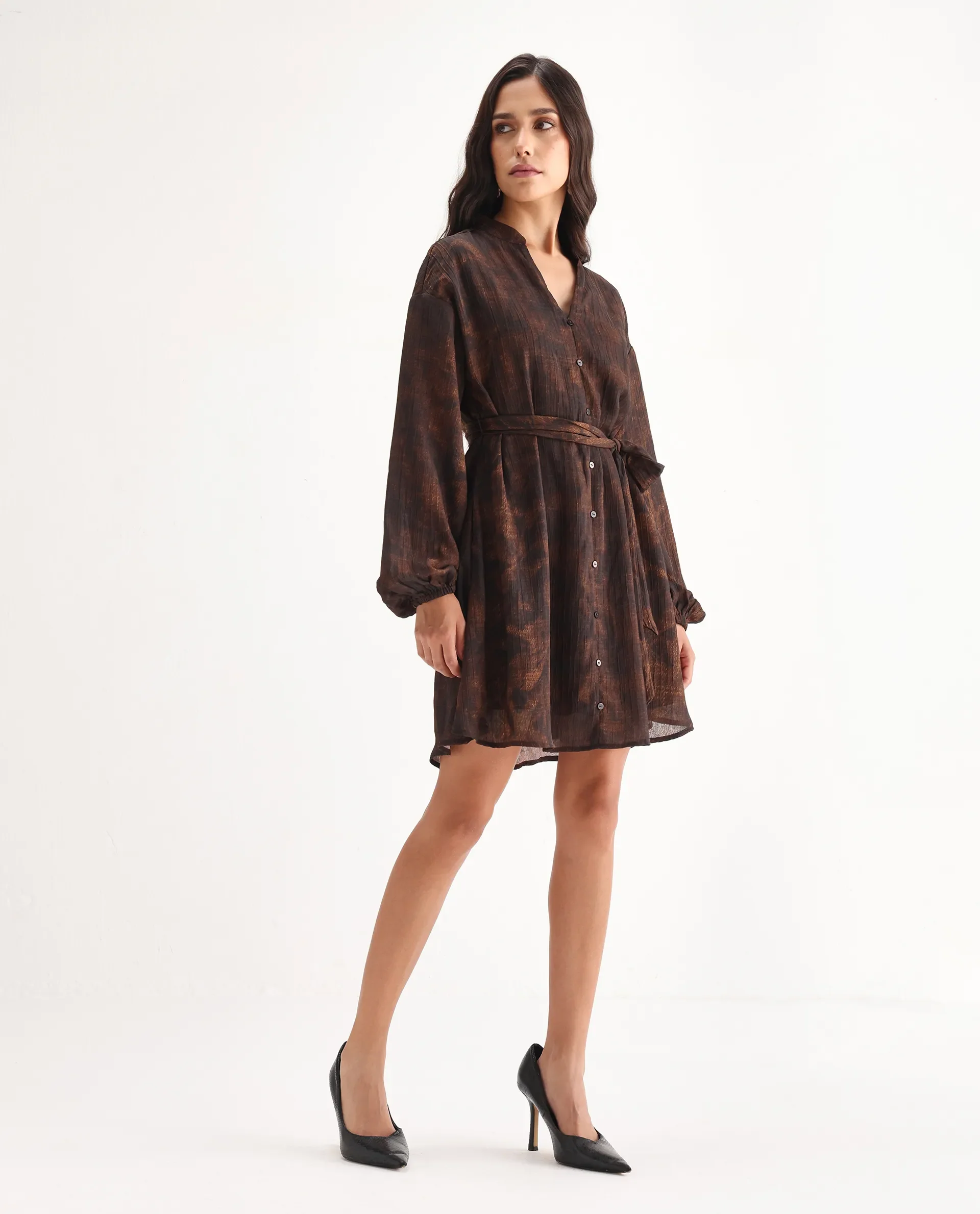 Rareism Women's Jemti Brown Polyester Mandarin Collar Flared Printed Dress - Image 5