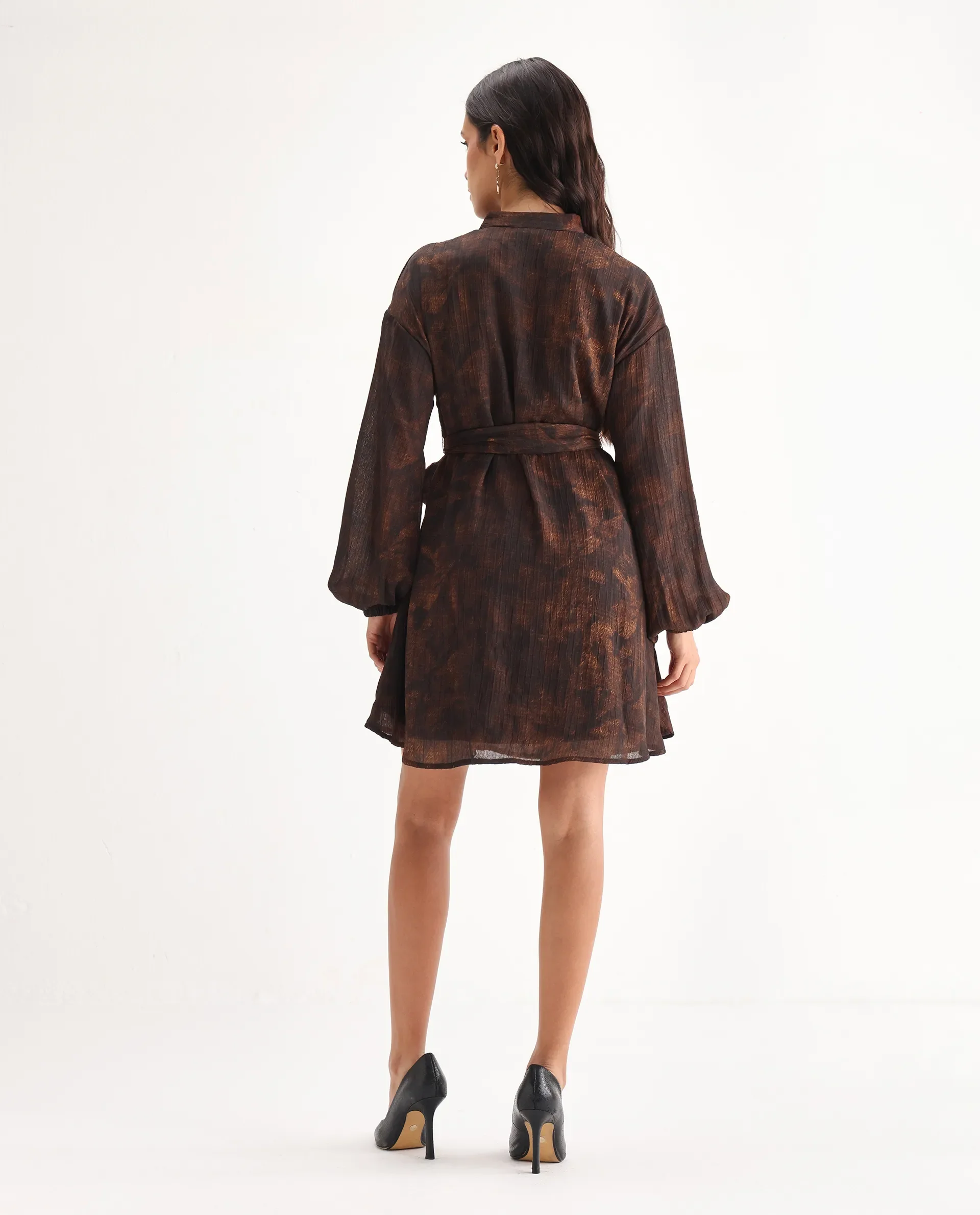 Rareism Women's Jemti Brown Polyester Mandarin Collar Flared Printed Dress - Image 6