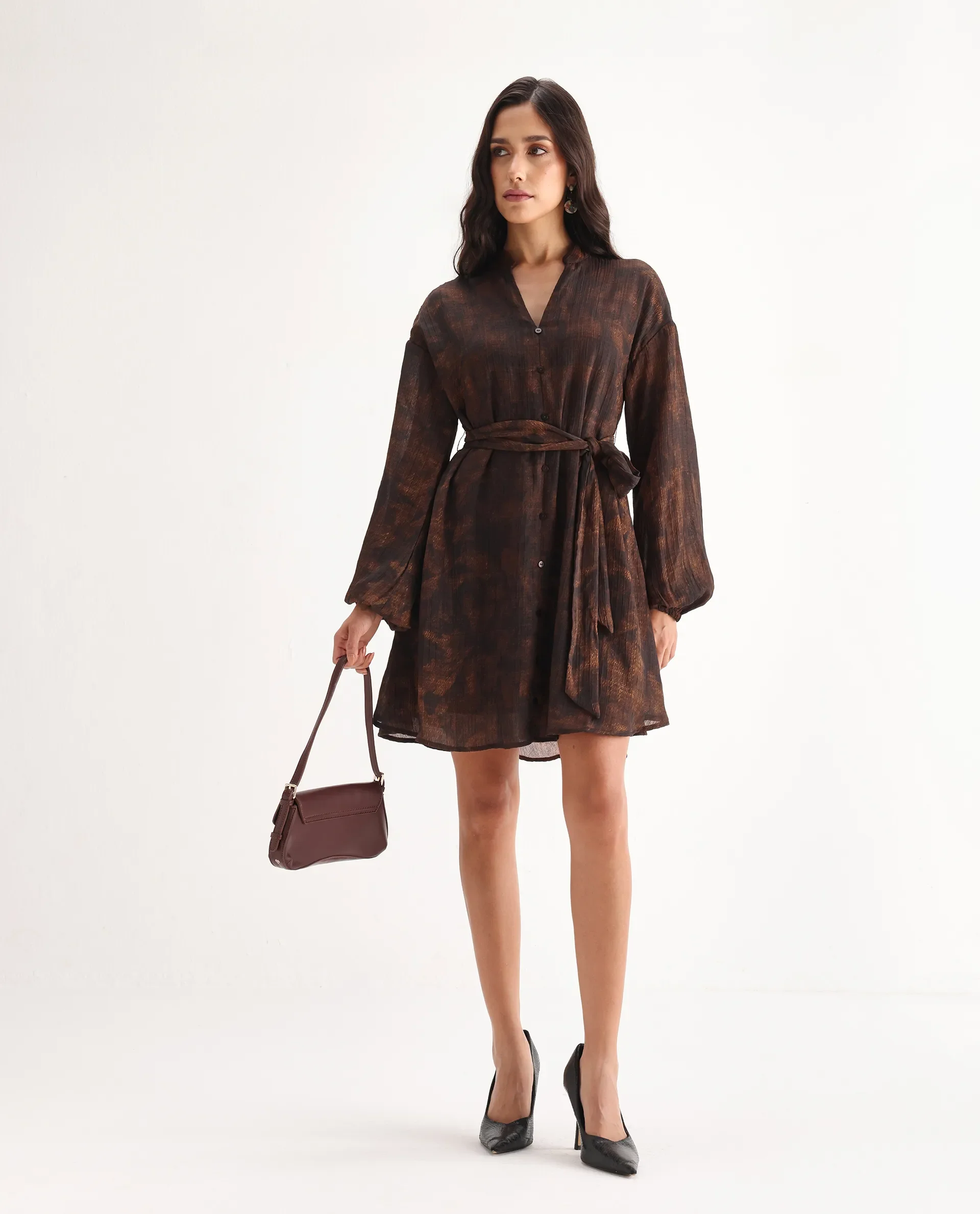 Rareism Women's Jemti Brown Polyester Mandarin Collar Flared Printed Dress - Image 7