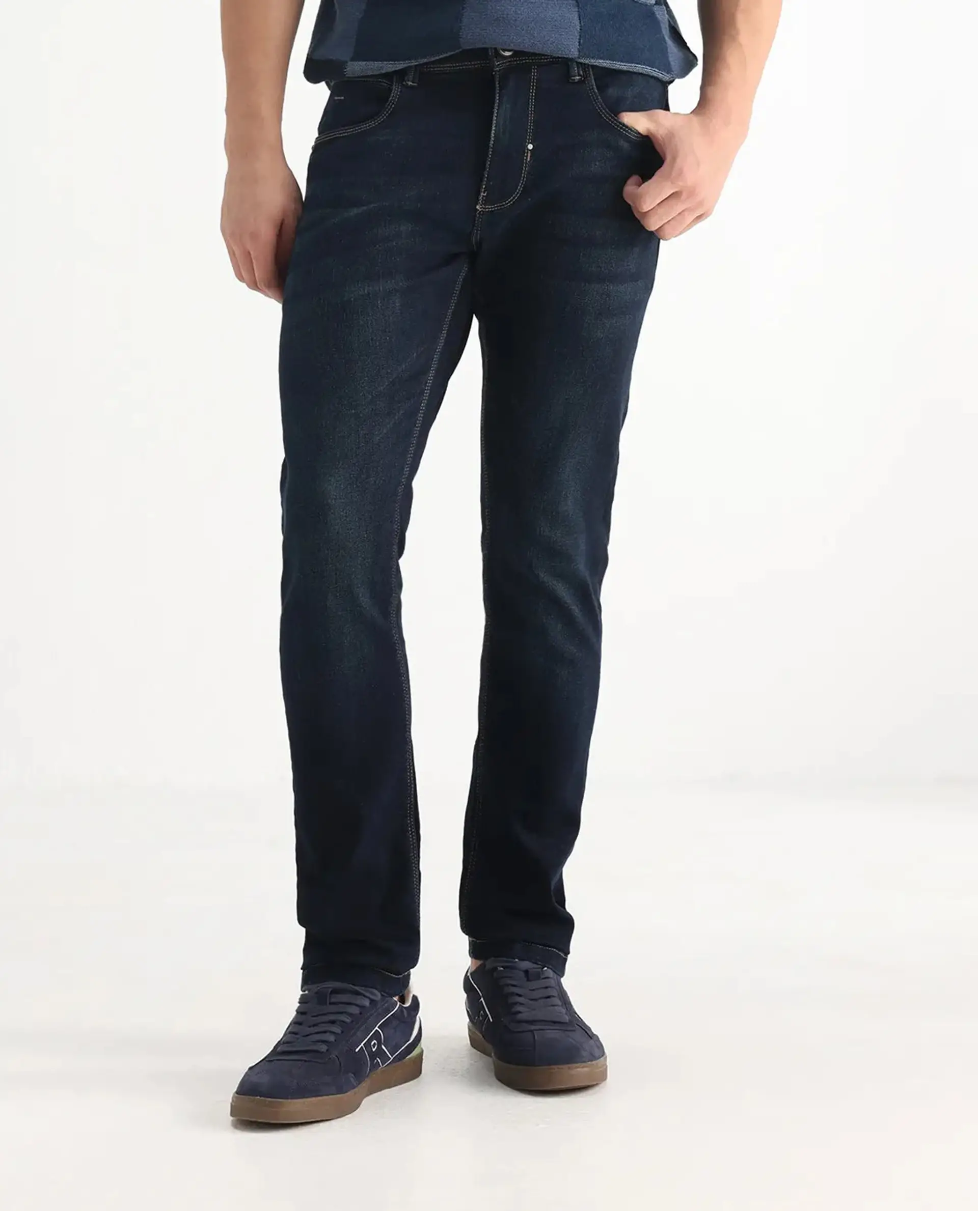 Rare Rabbit Men's Jena Dusky Blue Cotton Blend Plain Hawk Slim Fit Jeans - Image 10