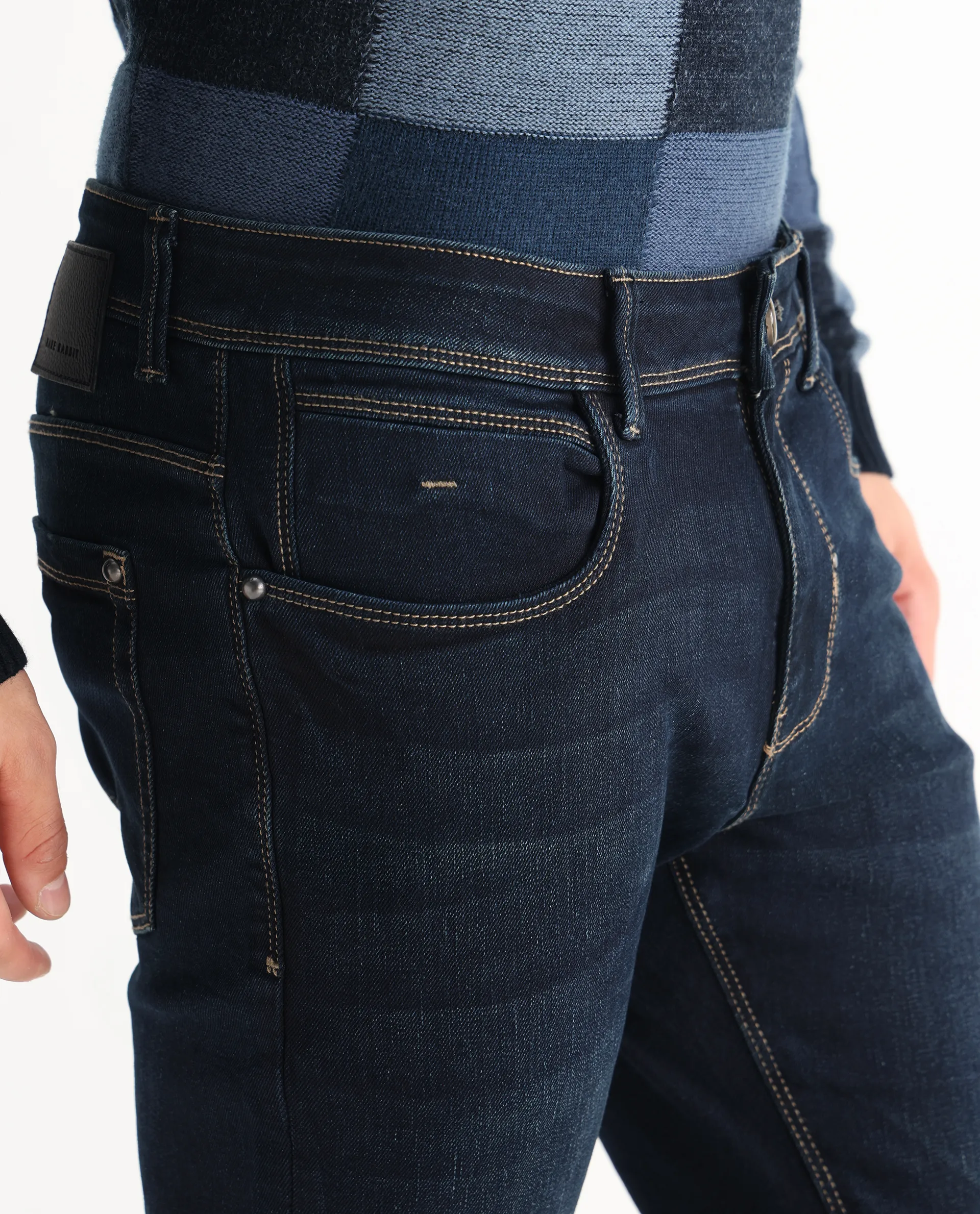 Rare Rabbit Men's Jena Dusky Blue Cotton Blend Plain Hawk Slim Fit Jeans - Image 6