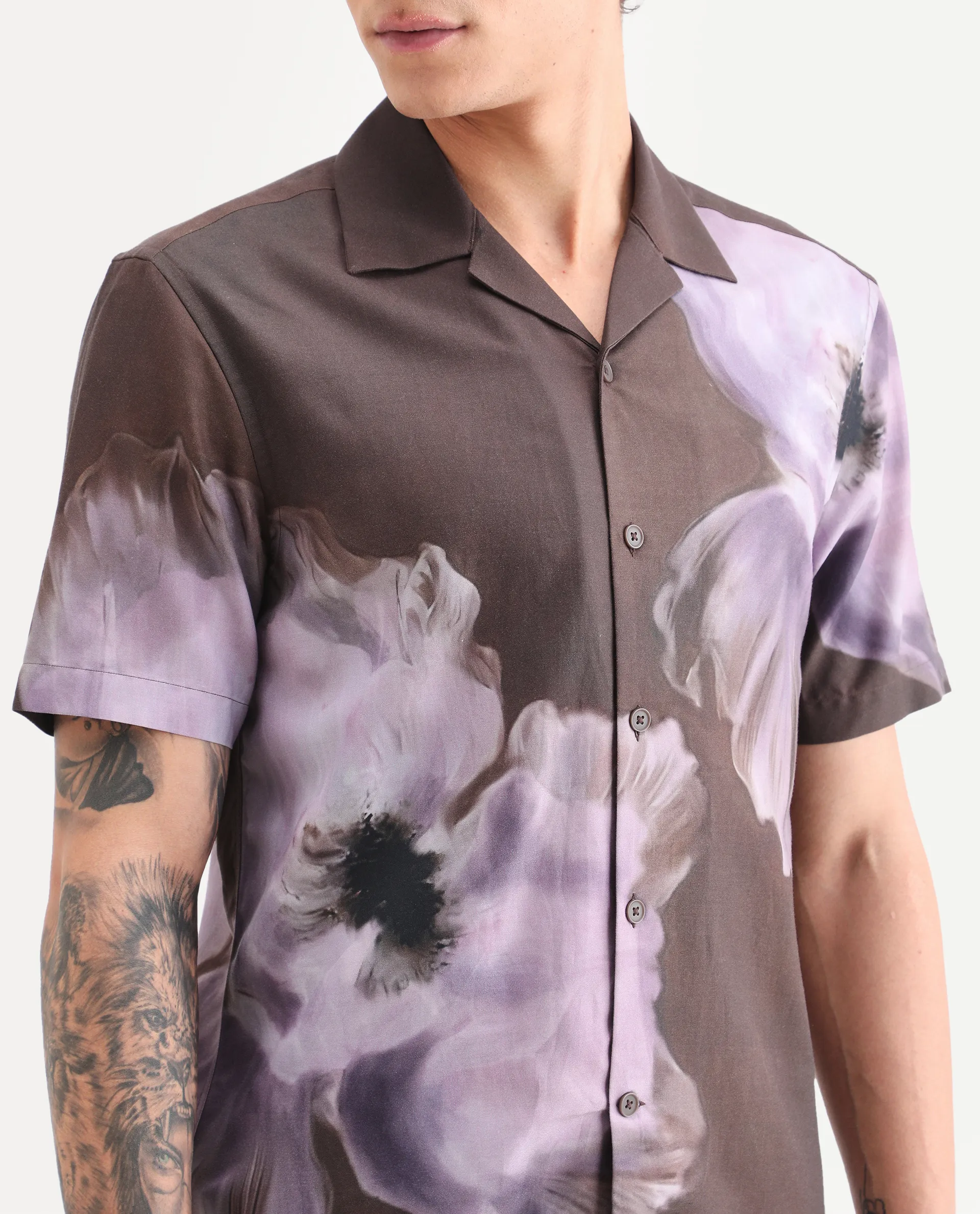 Rare Rabbit Men's Jena Dusky Brown Cotton Blend Blend Fabric Half Sleeve Cuban Collar Regular Fit Floral Print Shirt - Image 4