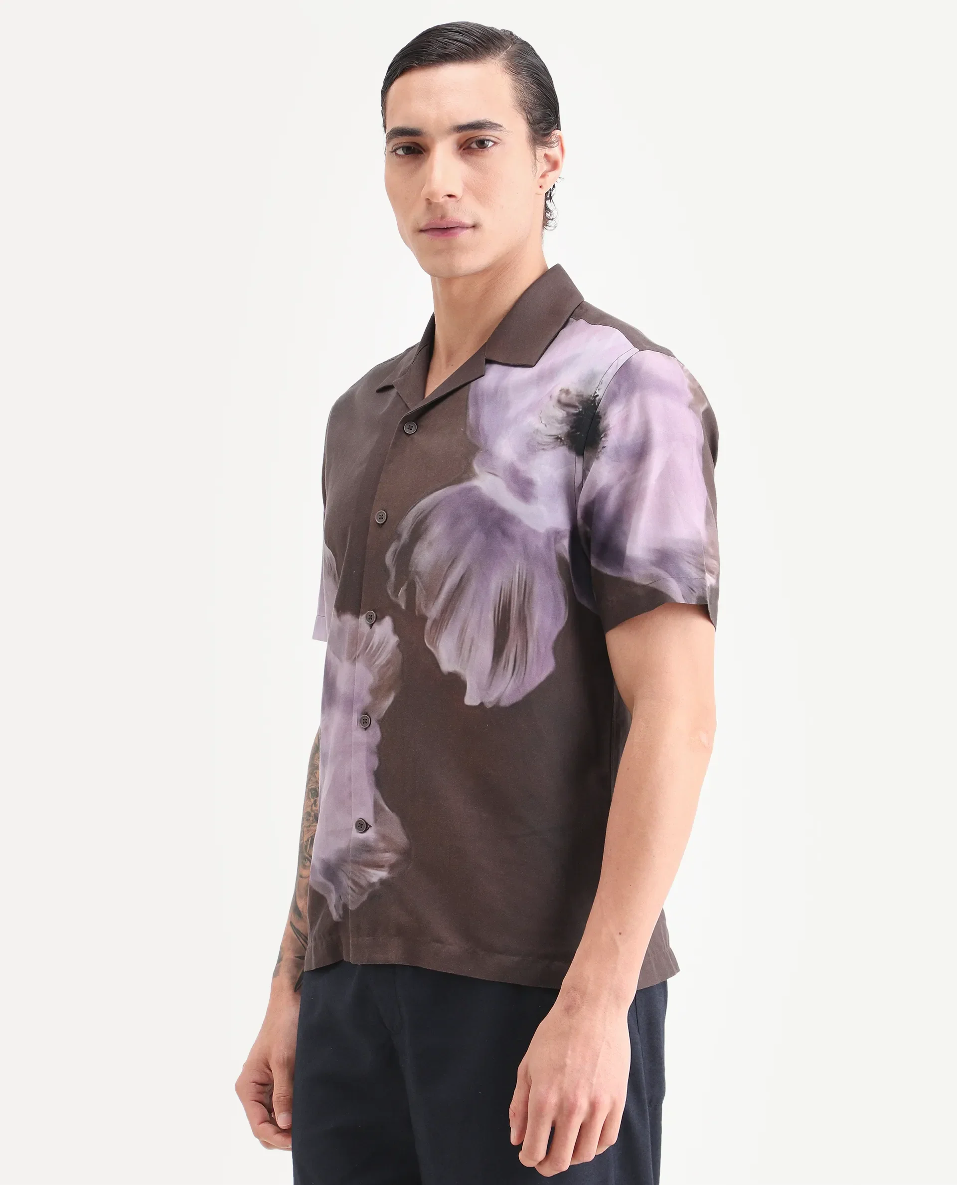 Rare Rabbit Men's Jena Dusky Brown Cotton Blend Blend Fabric Half Sleeve Cuban Collar Regular Fit Floral Print Shirt - Image 5