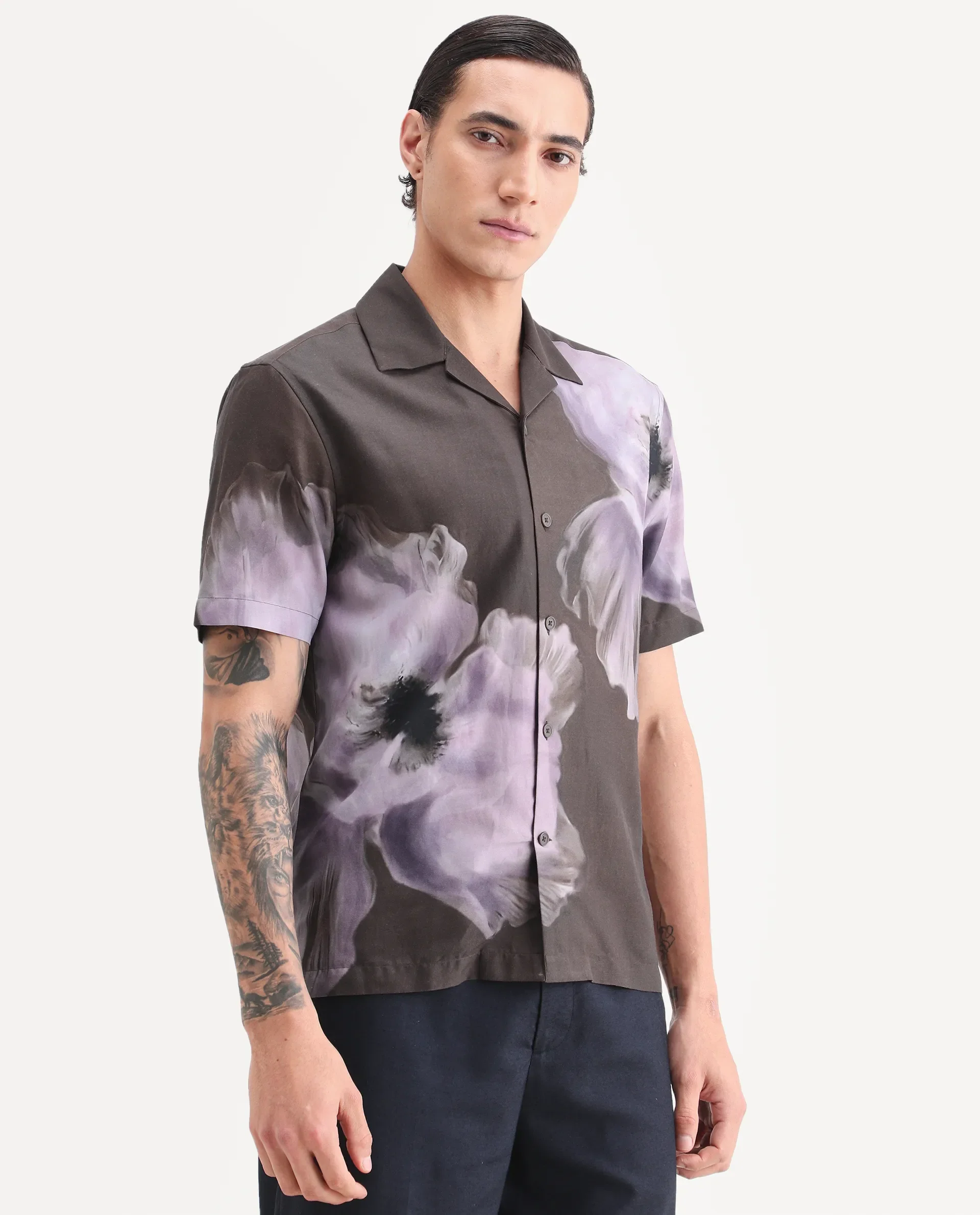 Rare Rabbit Men's Jena Dusky Brown Cotton Blend Blend Fabric Half Sleeve Cuban Collar Regular Fit Floral Print Shirt - Image 6