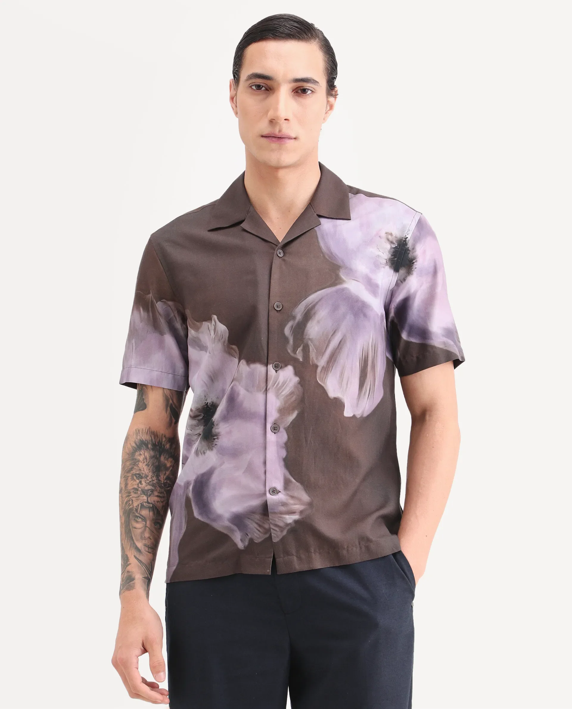 Rare Rabbit Men's Jena Dusky Brown Cotton Blend Blend Fabric Half Sleeve Cuban Collar Regular Fit Floral Print Shirt - Image 7