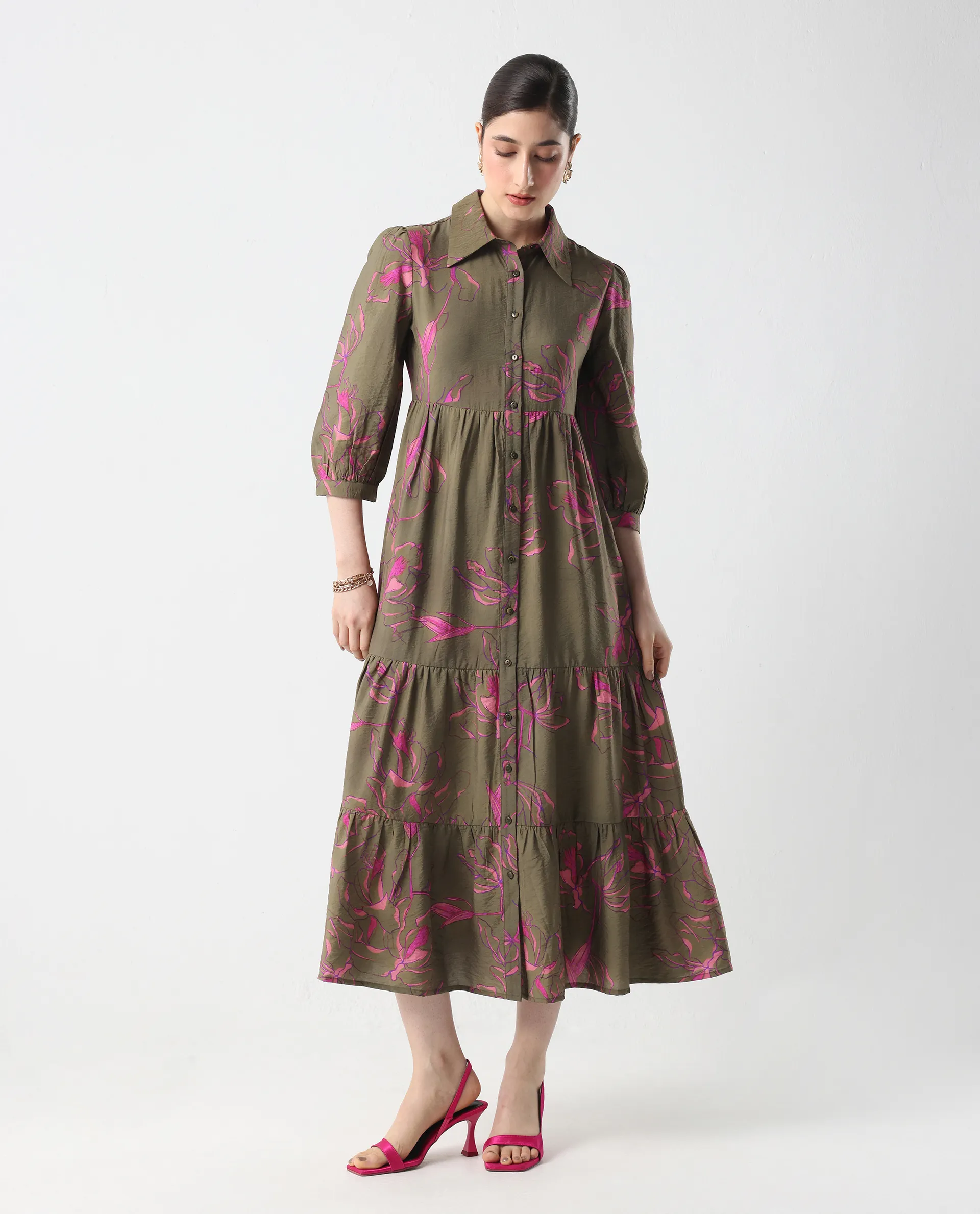 Rareism Women's Jenbel Multi Viscose Blend Spread Collar Flared Floral Print Dress