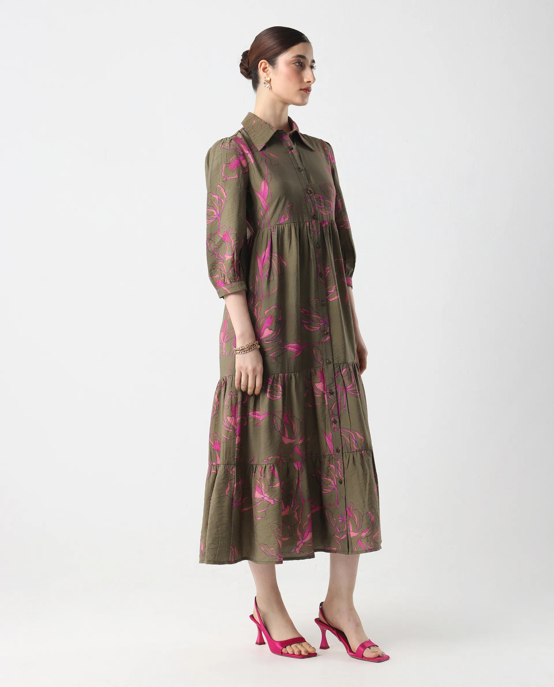 Rareism Women's Jenbel Multi Viscose Blend Spread Collar Flared Floral Print Dress - Image 4