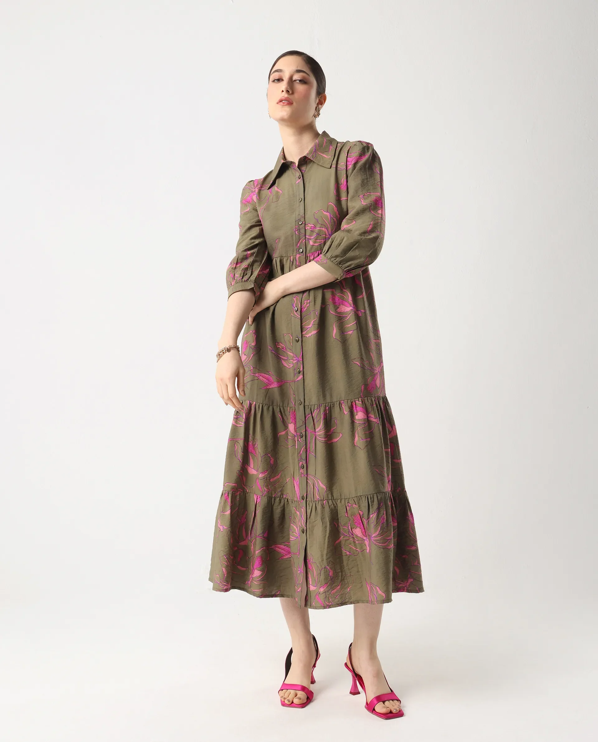 Rareism Women's Jenbel Multi Viscose Blend Spread Collar Flared Floral Print Dress - Image 6