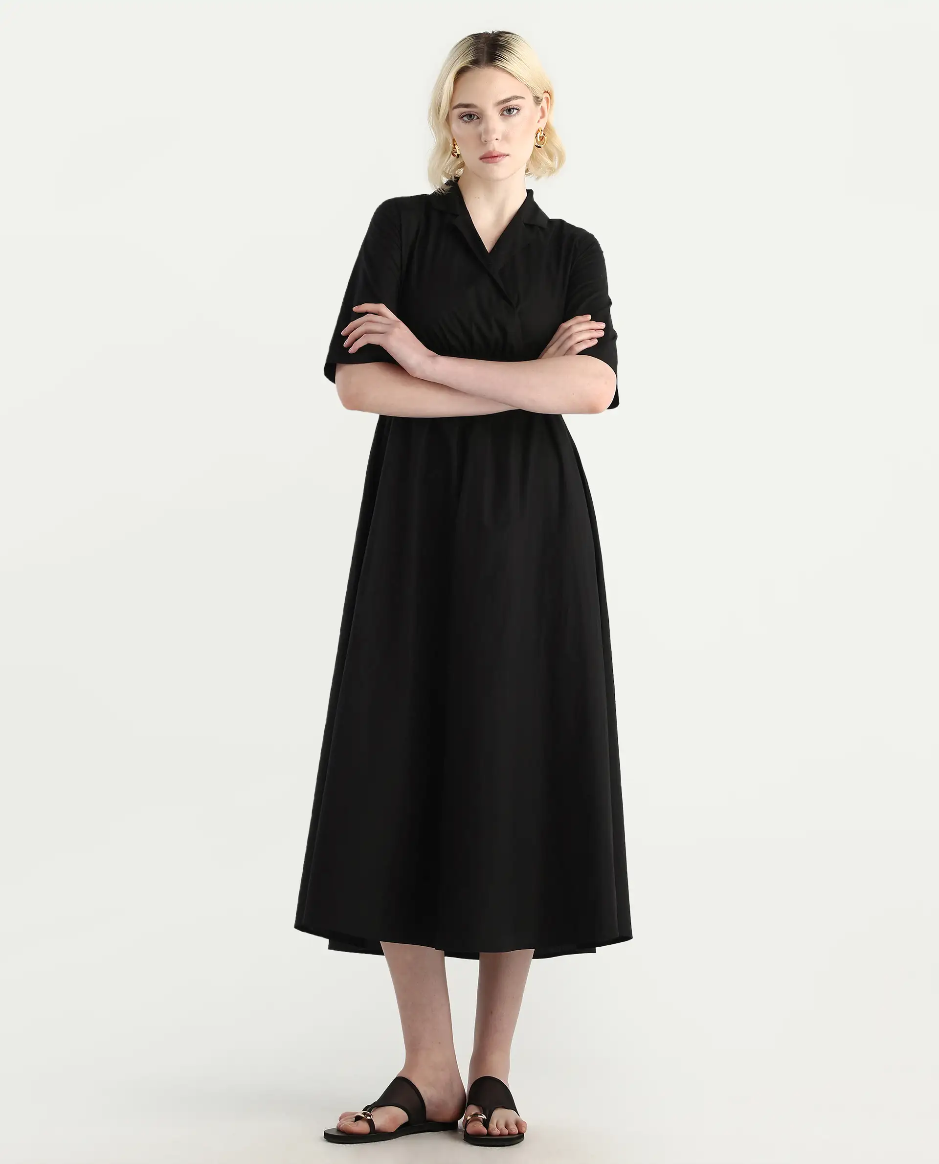 Rareism Women's Jenbo Black Cotton Lapel Neck A-Line Plain Dress - Image 2