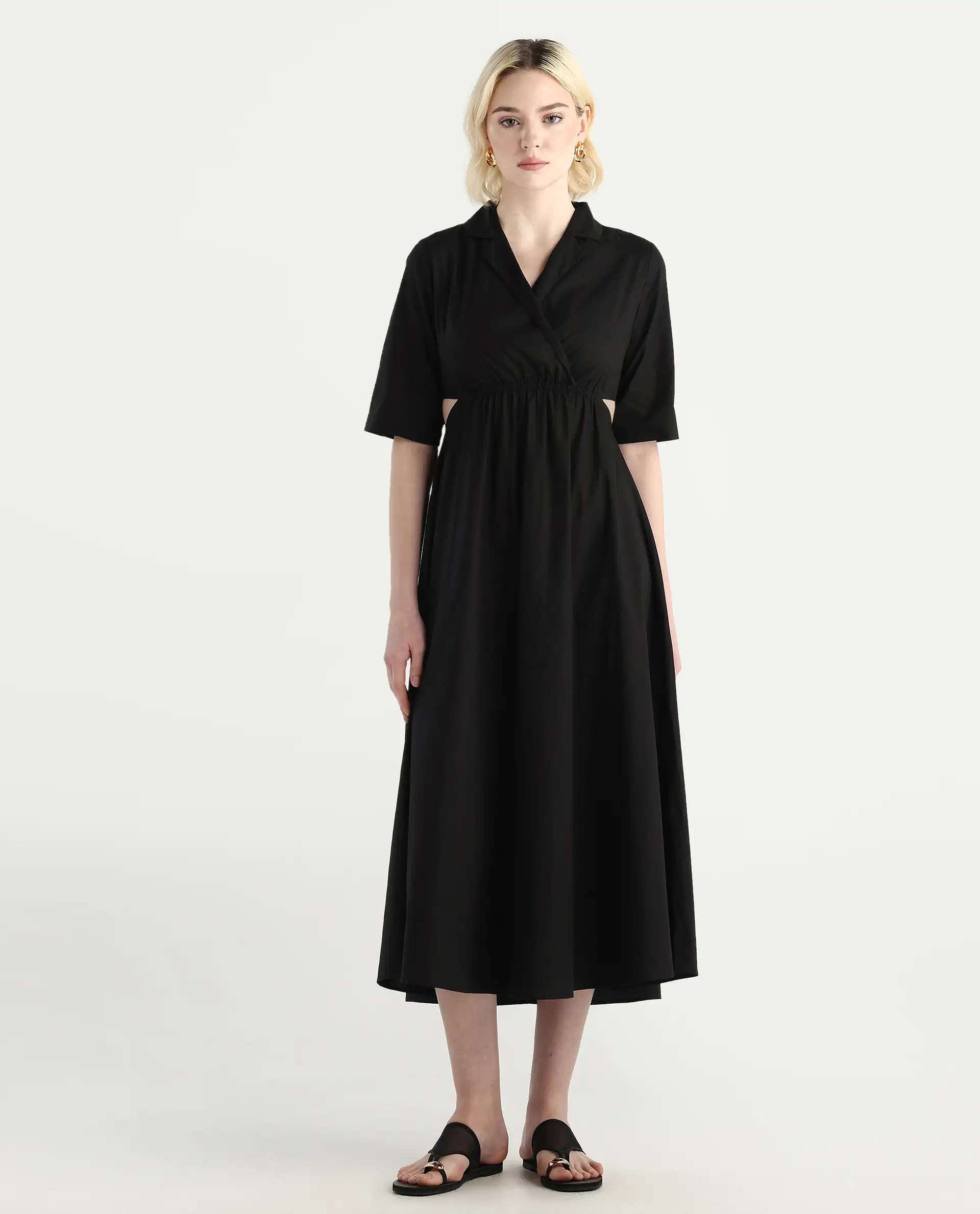 Rareism Women's Jenbo Black Cotton Lapel Neck A-Line Plain Dress - Image 3