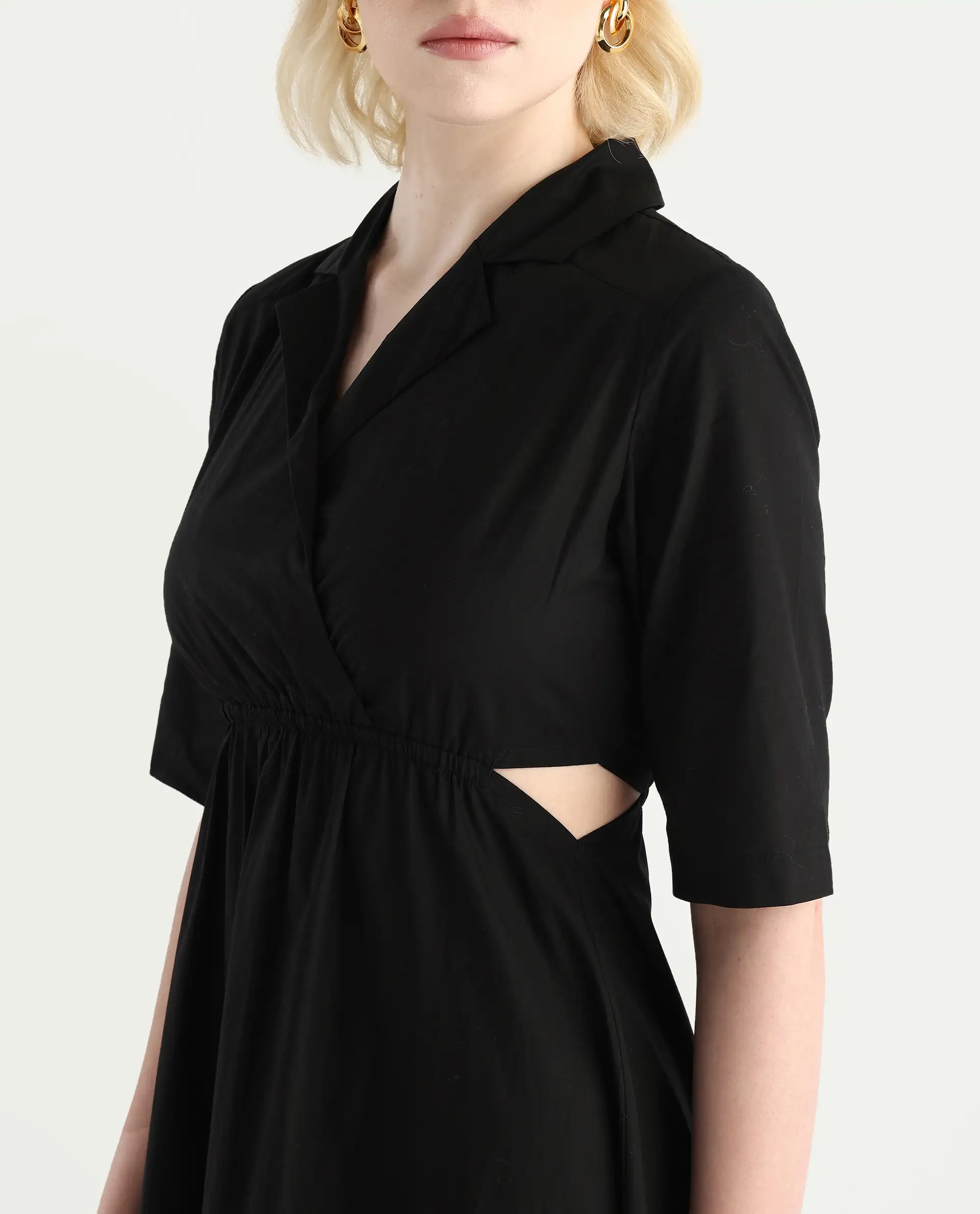 Rareism Women's Jenbo Black Cotton Lapel Neck A-Line Plain Dress - Image 4