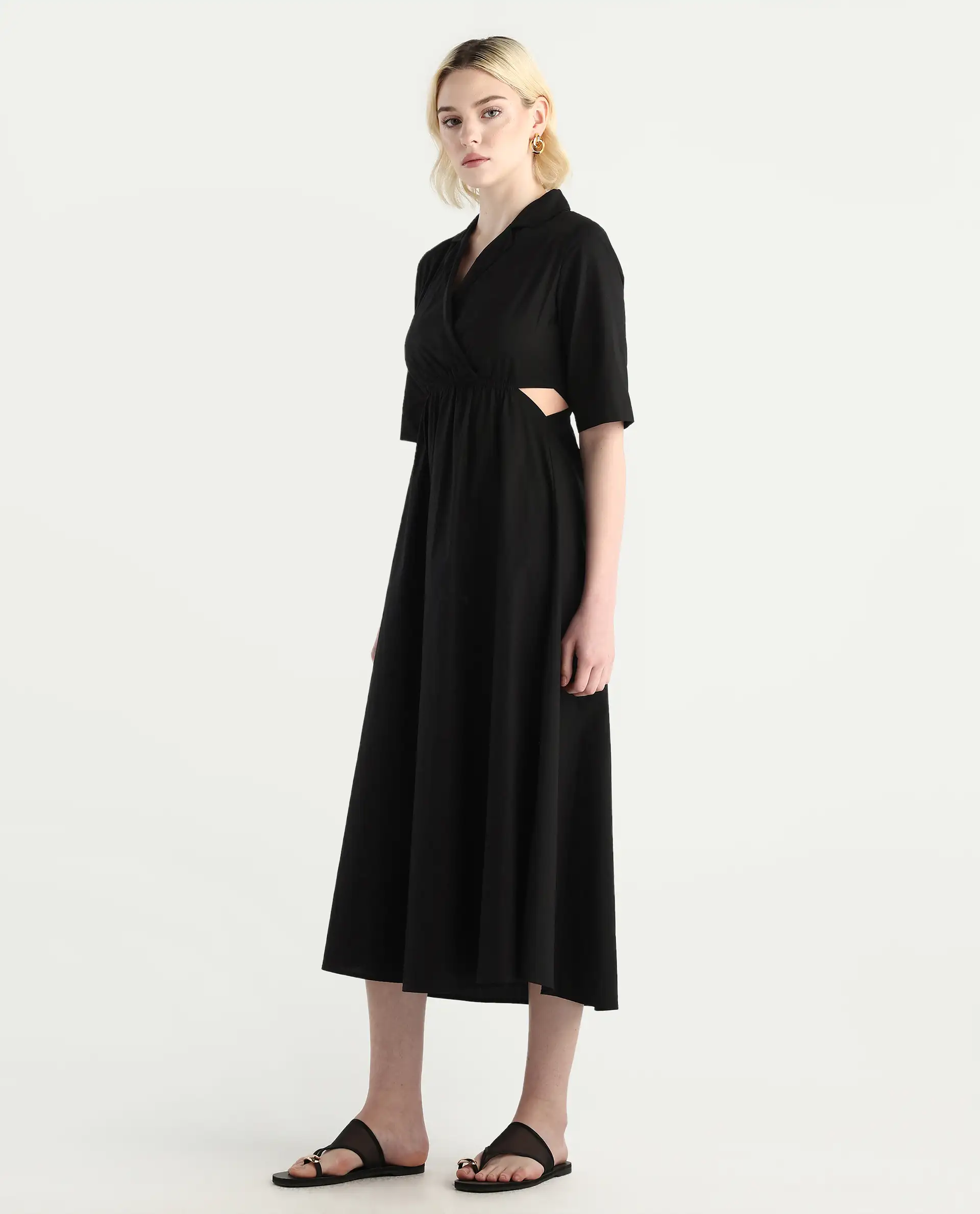 Rareism Women's Jenbo Black Cotton Lapel Neck A-Line Plain Dress - Image 5