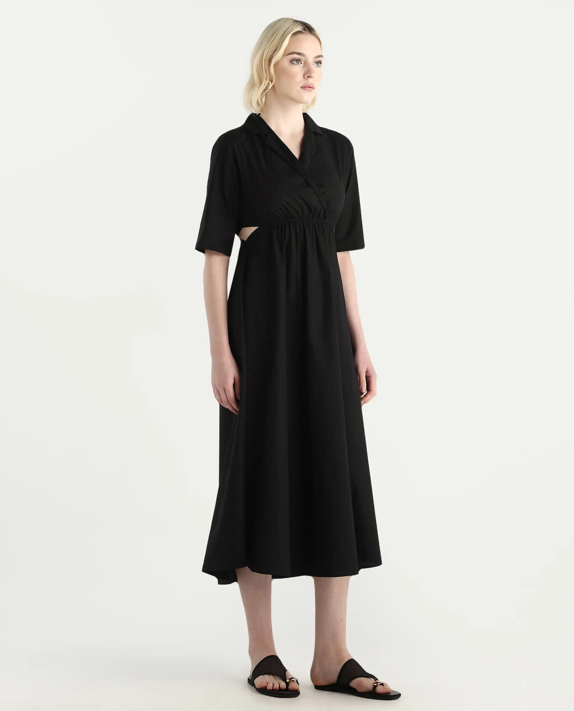 Rareism Women's Jenbo Black Cotton Lapel Neck A-Line Plain Dress - Image 6