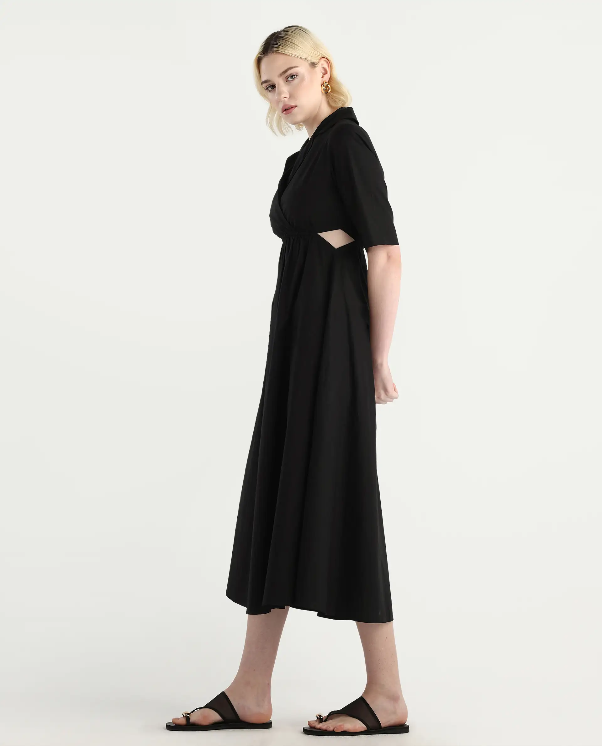 Rareism Women's Jenbo Black Cotton Lapel Neck A-Line Plain Dress - Image 7