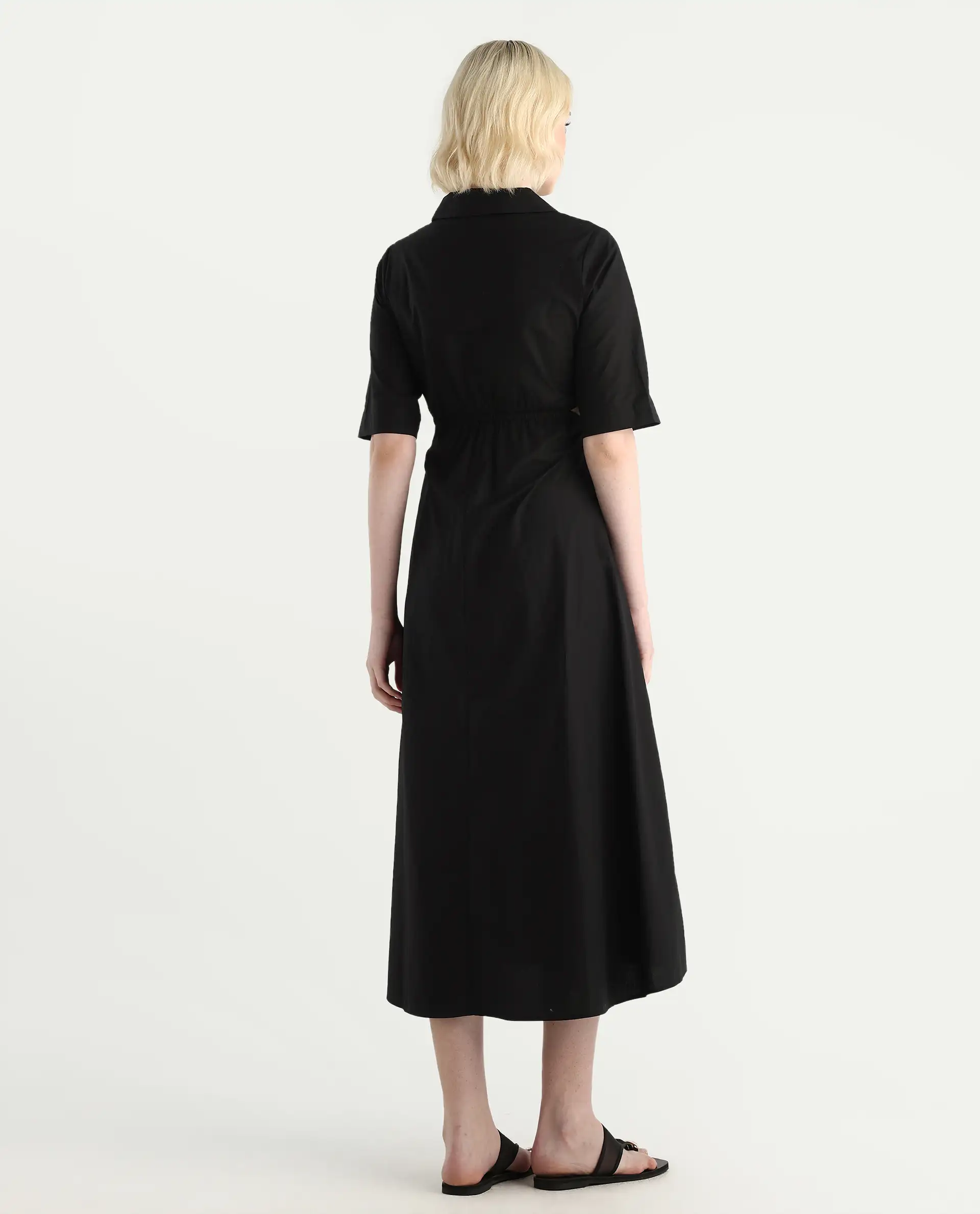 Rareism Women's Jenbo Black Cotton Lapel Neck A-Line Plain Dress - Image 8