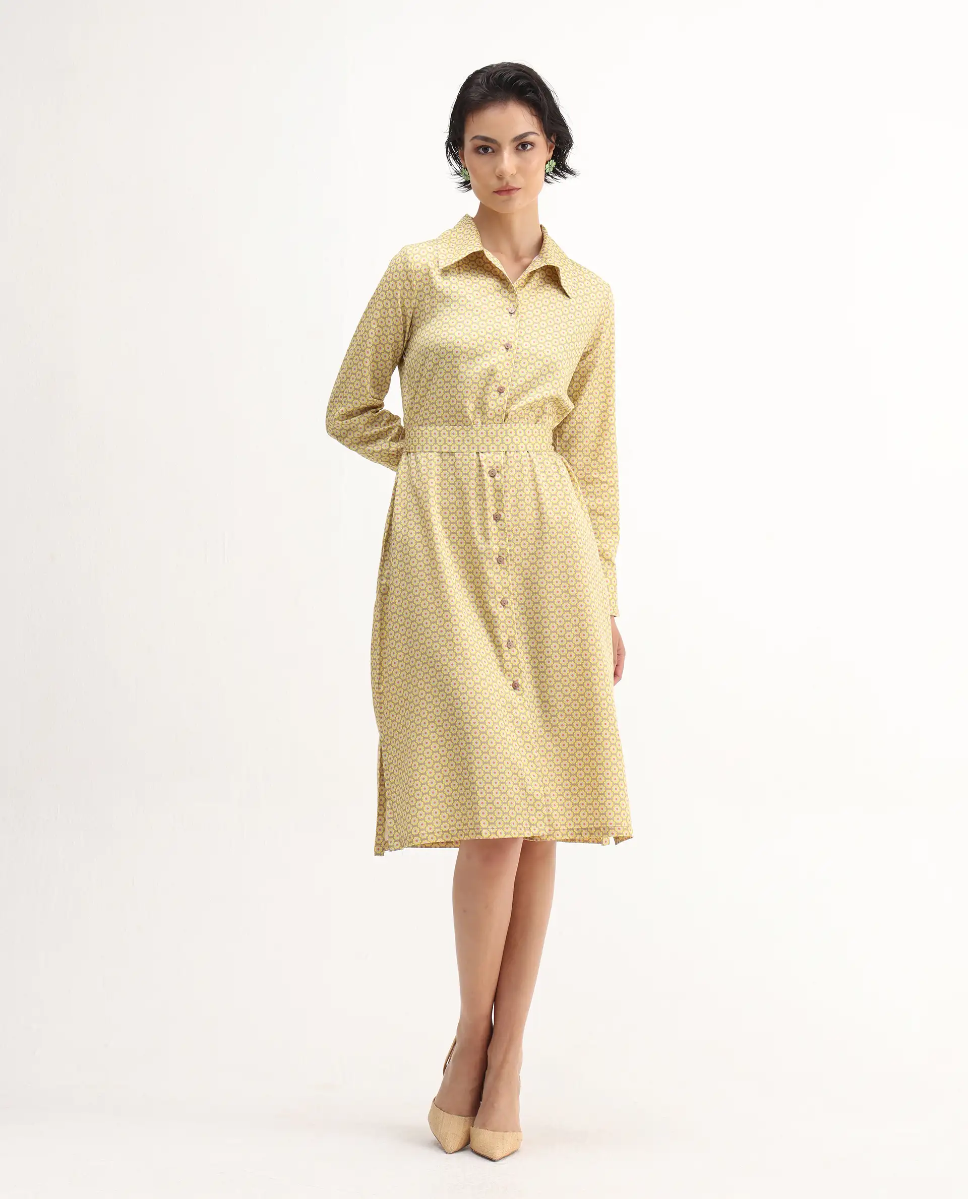 Rareism Women's Jenby Yellow Cotton Collared Neck Straight Fit Midi Dress - Image 2