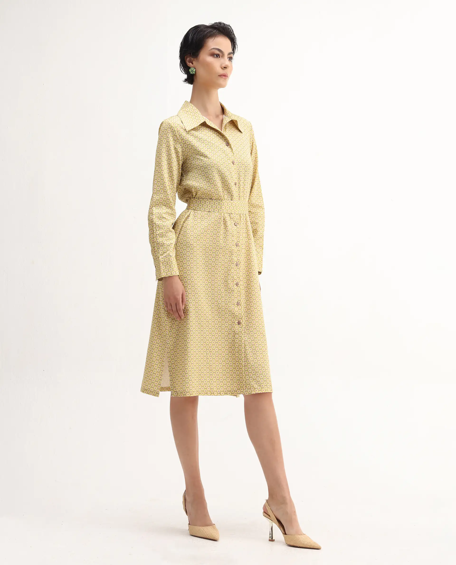 Rareism Women's Jenby Yellow Cotton Collared Neck Straight Fit Midi Dress - Image 5