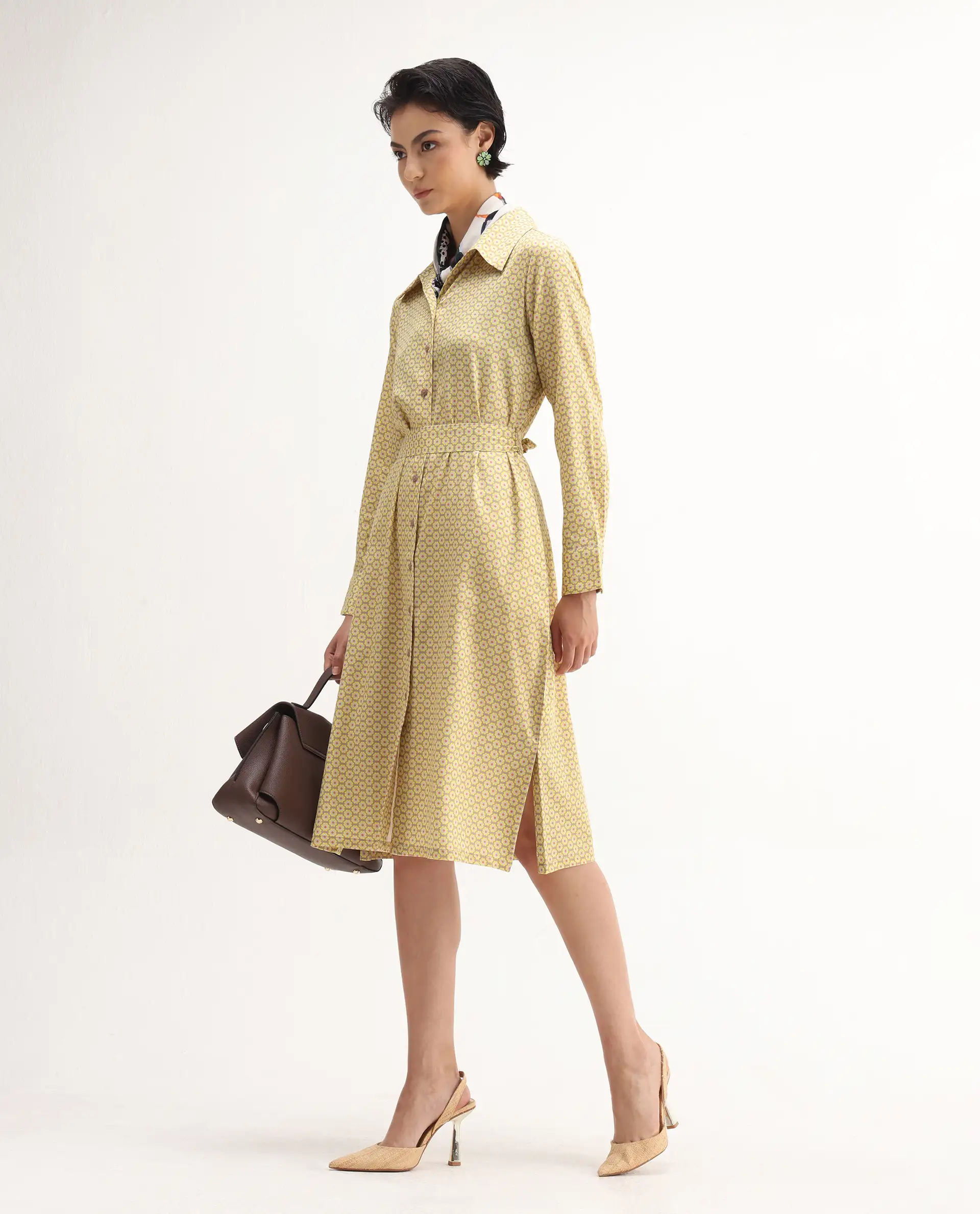 Rareism Women's Jenby Yellow Cotton Collared Neck Straight Fit Midi Dress - Image 6