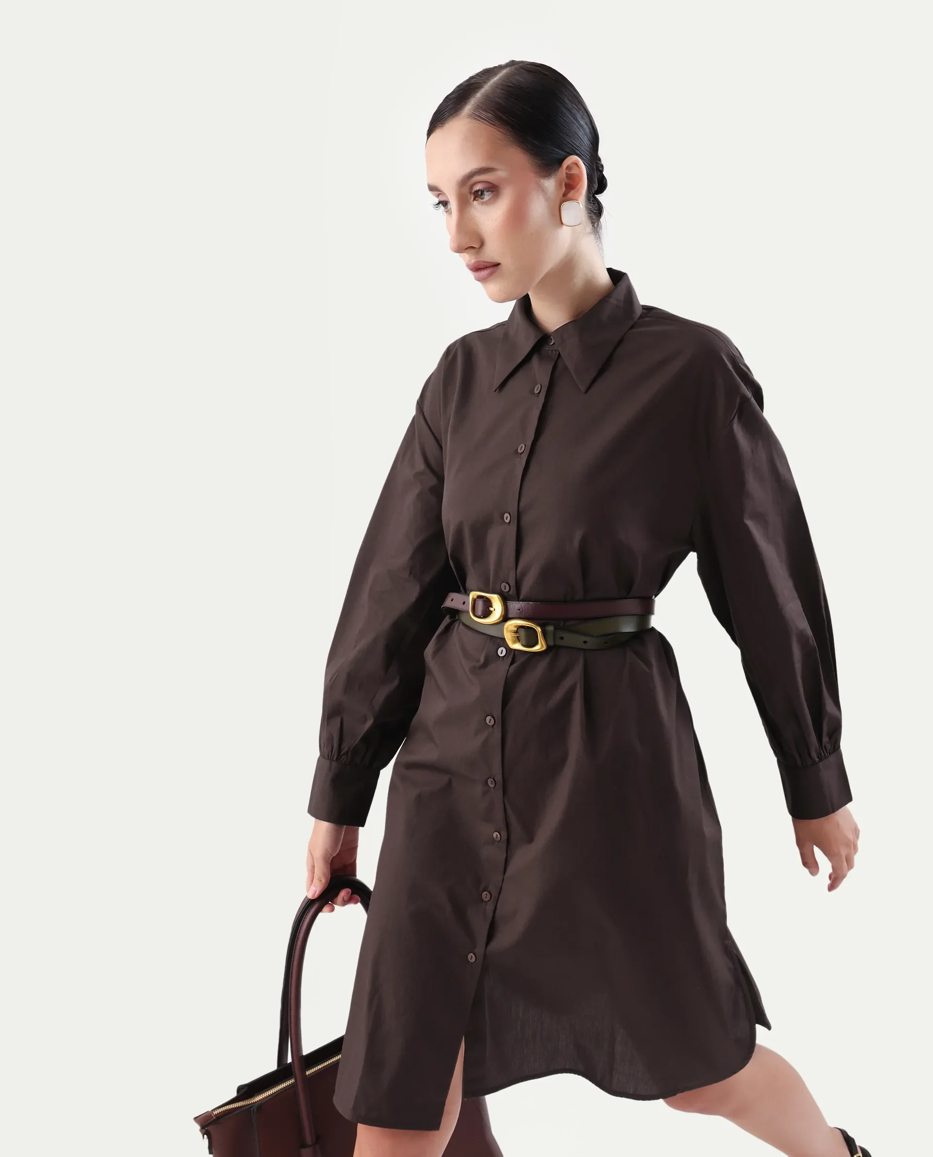 Rareism Women's Jencot Brown Cotton Collared Neck A-Line Plain Dress