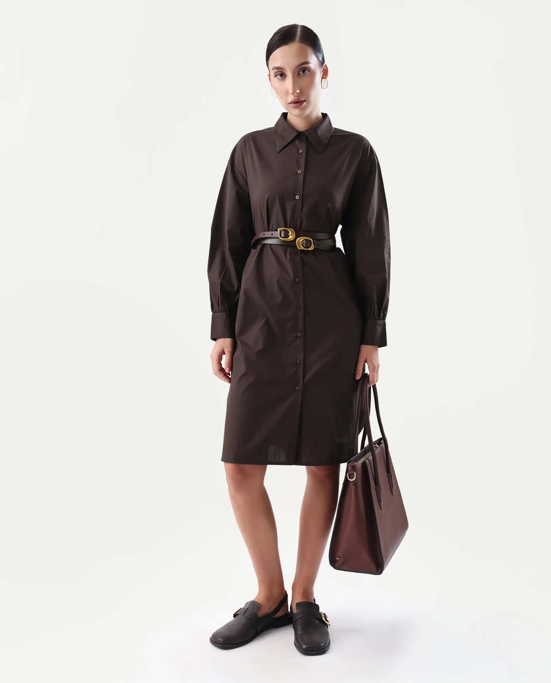 Rareism Women's Jencot Brown Cotton Collared Neck A-Line Plain Dress - Image 2